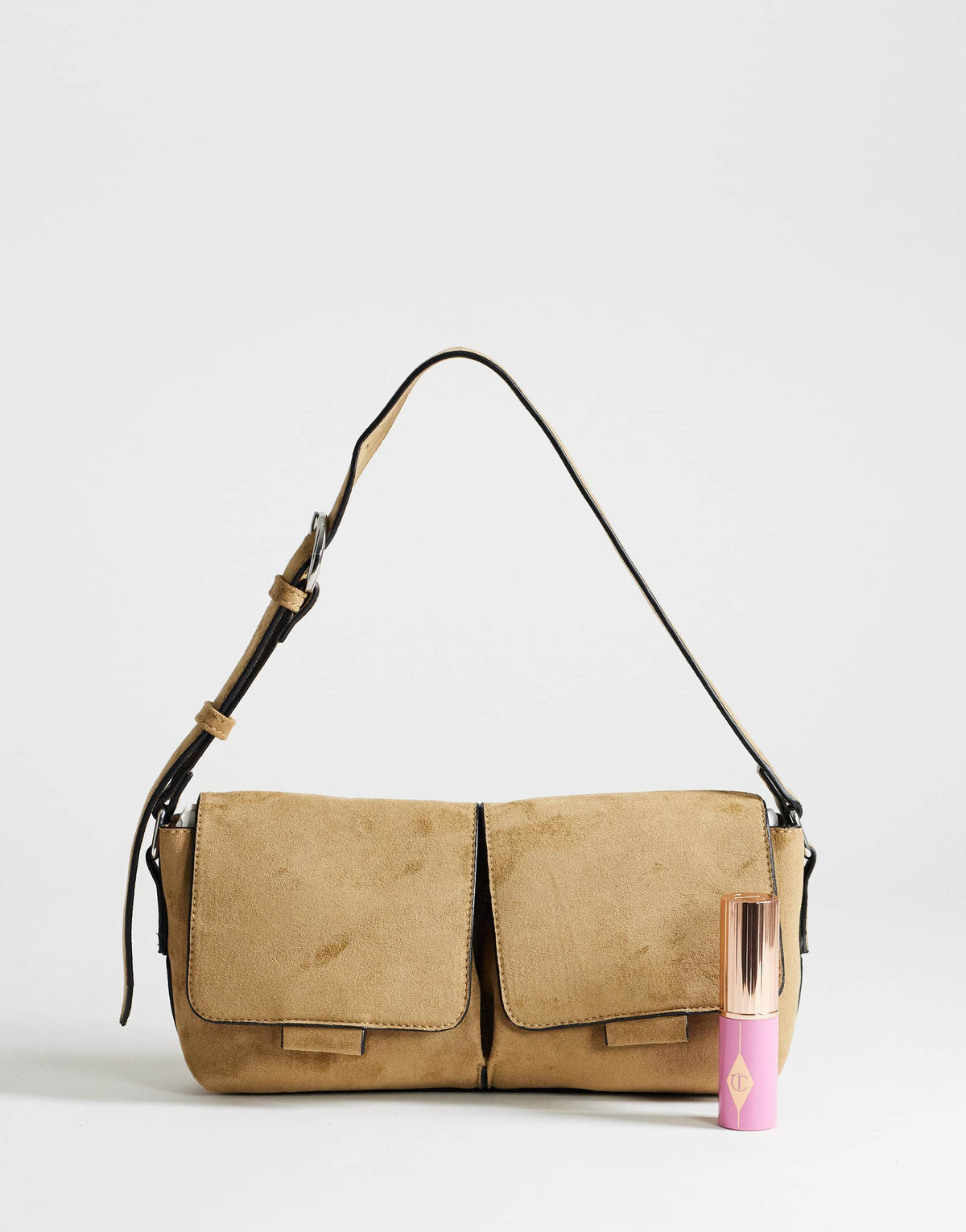 Topshop Joanie small suedette shoulder bag with front pockets in taupe