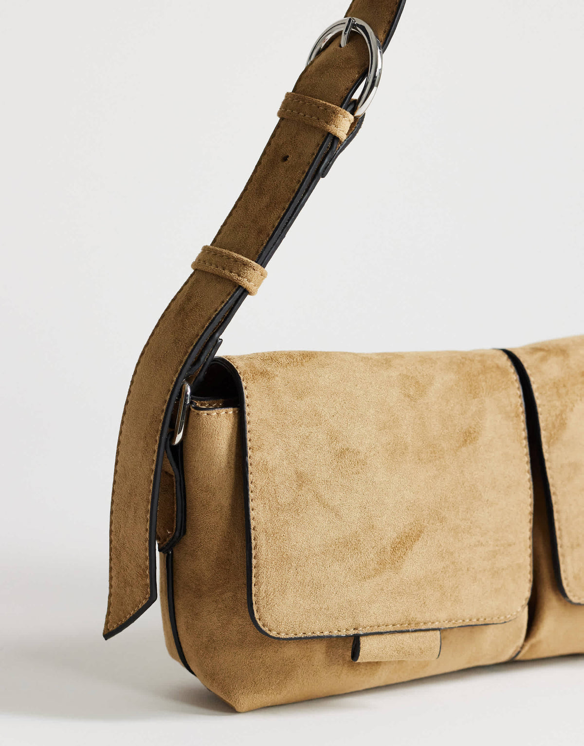 Topshop Joanie small suedette shoulder bag with front pockets in taupe