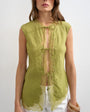 Topshop cap sleeve asymmetric tie front lace detail top in khaki