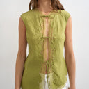 Topshop cap sleeve asymmetric tie front lace detail top in khaki