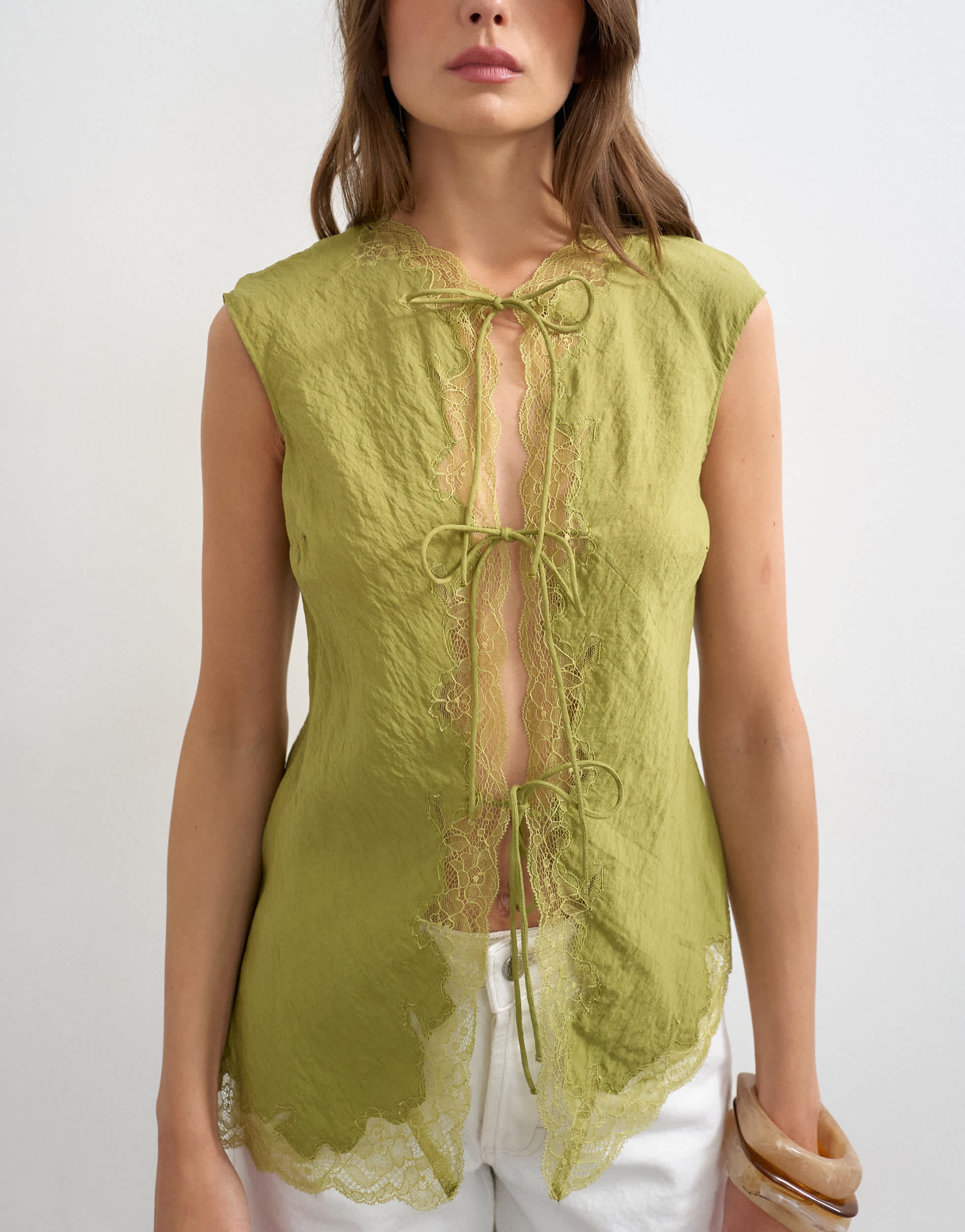 Topshop cap sleeve asymmetric tie front lace detail top in khaki