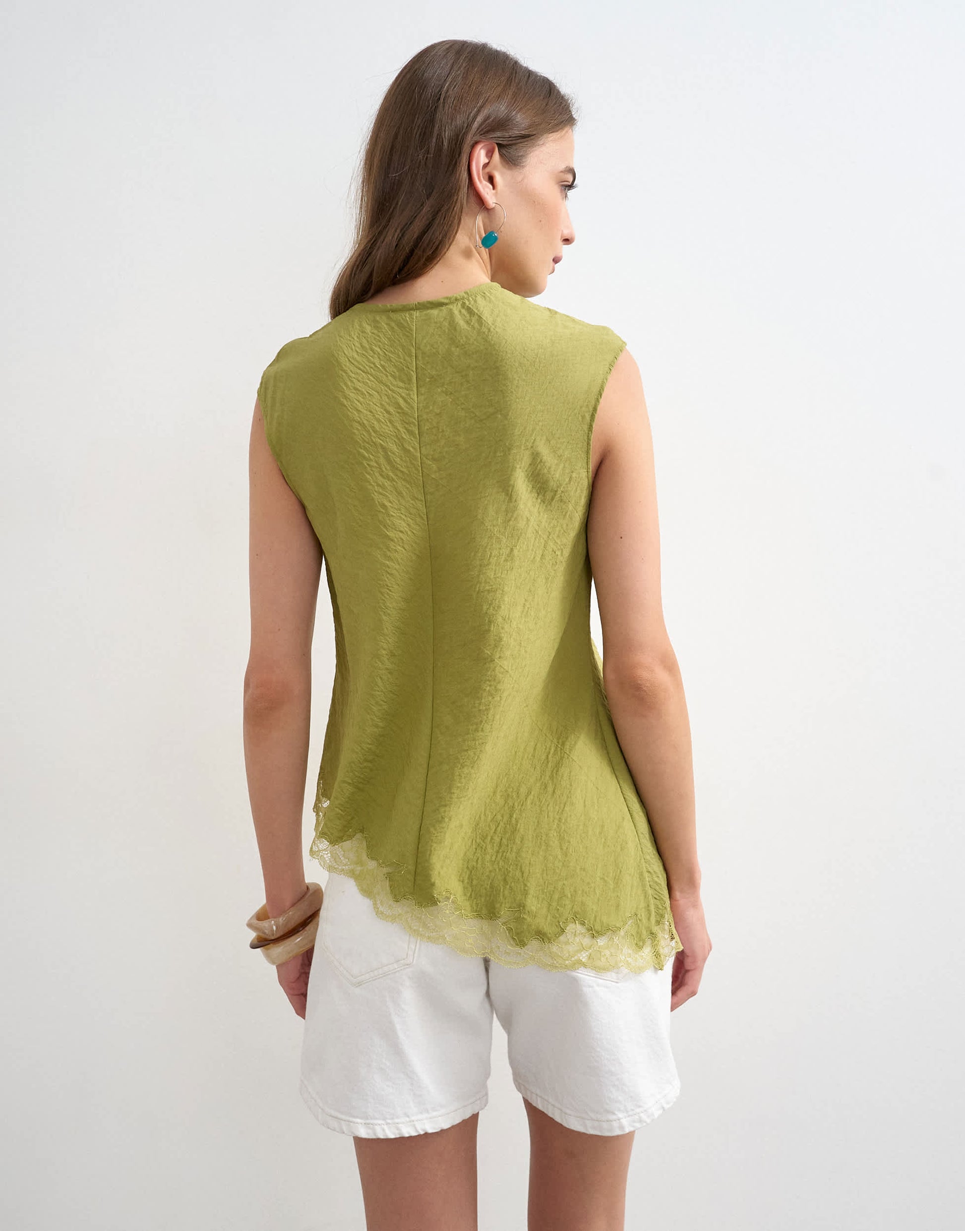 Topshop cap sleeve asymmetric tie front lace detail top in khaki