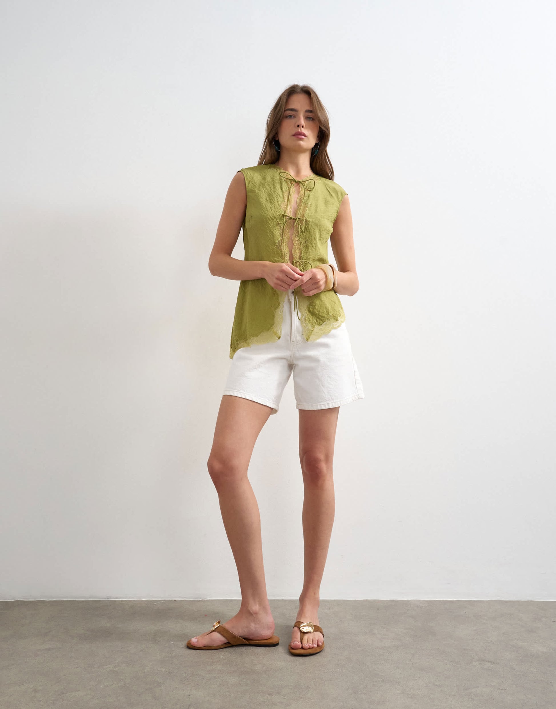 Topshop cap sleeve asymmetric tie front lace detail top in khaki