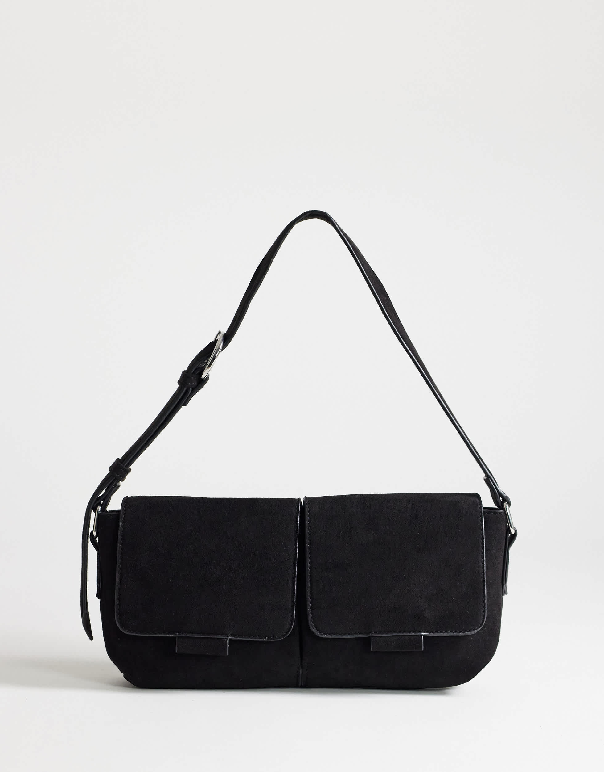 Topshop Joanie small shoulder bag with front pockets in black suedette