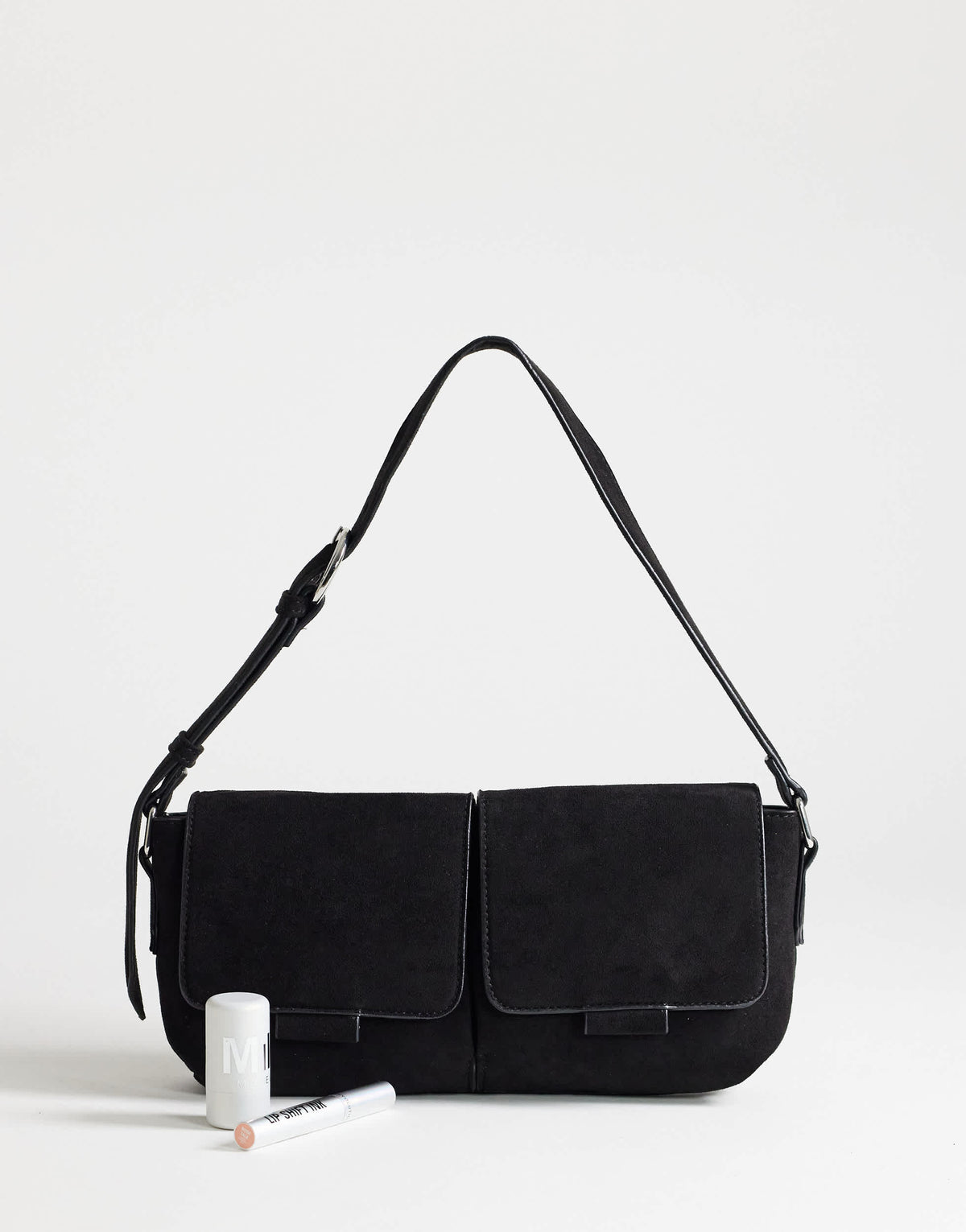 Topshop Joanie small shoulder bag with front pockets in black suedette