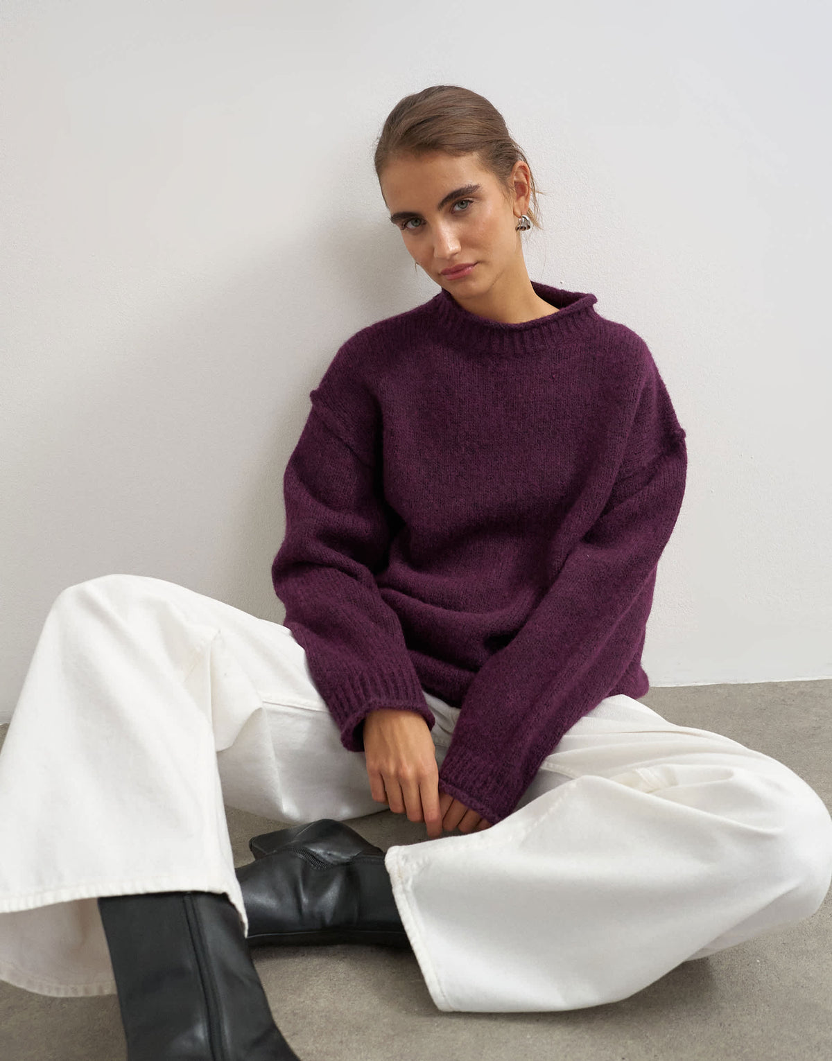 Topshop knitted wool blend roll edge chunky jumper in mulberry