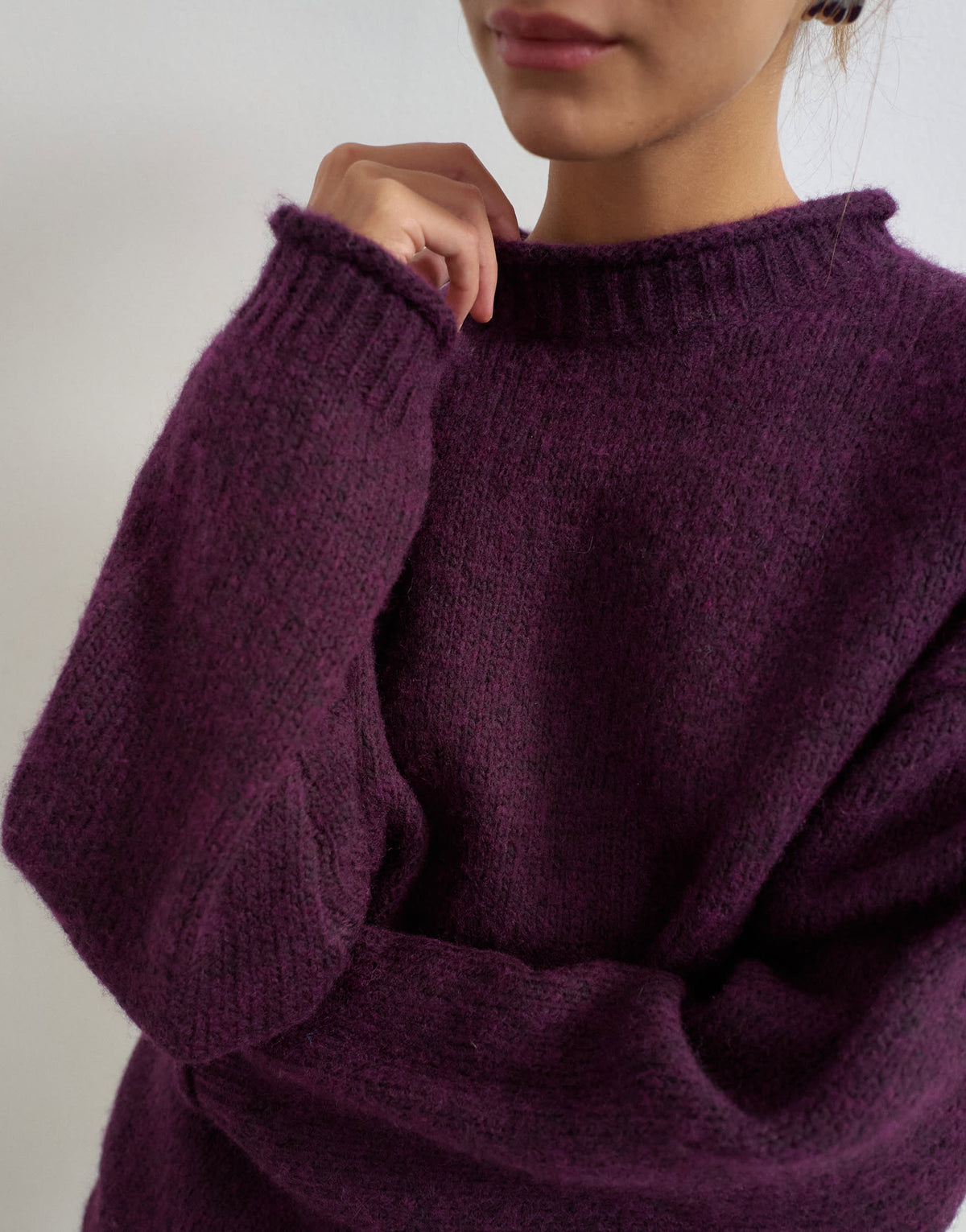 Topshop knitted wool blend roll edge chunky jumper in mulberry