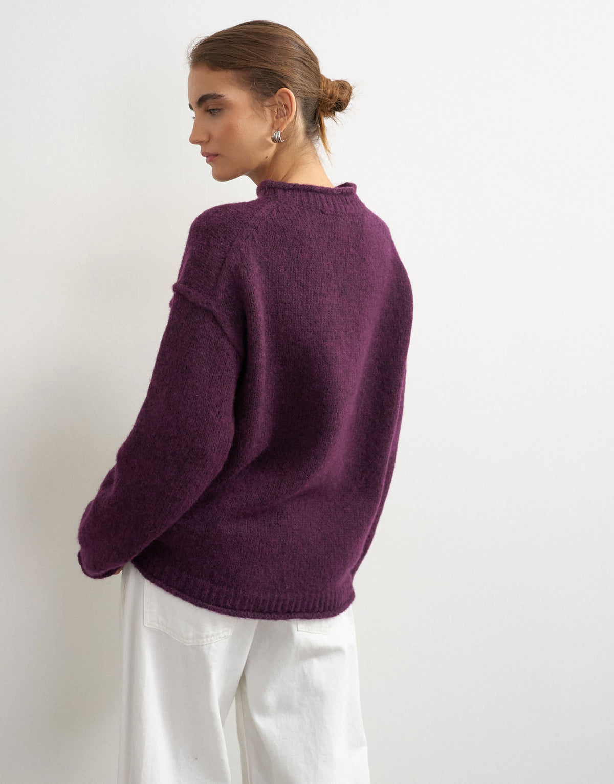 Topshop knitted wool blend roll edge chunky jumper in mulberry