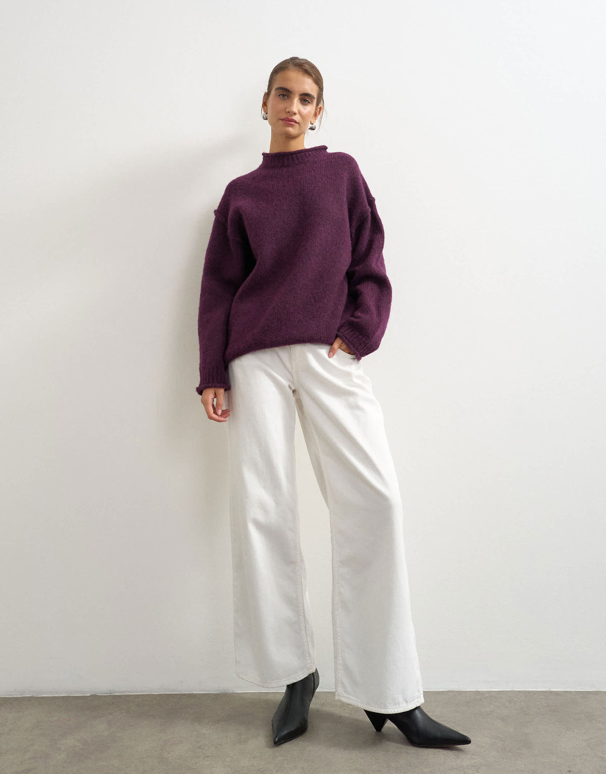 Topshop knitted wool blend roll edge chunky jumper in mulberry