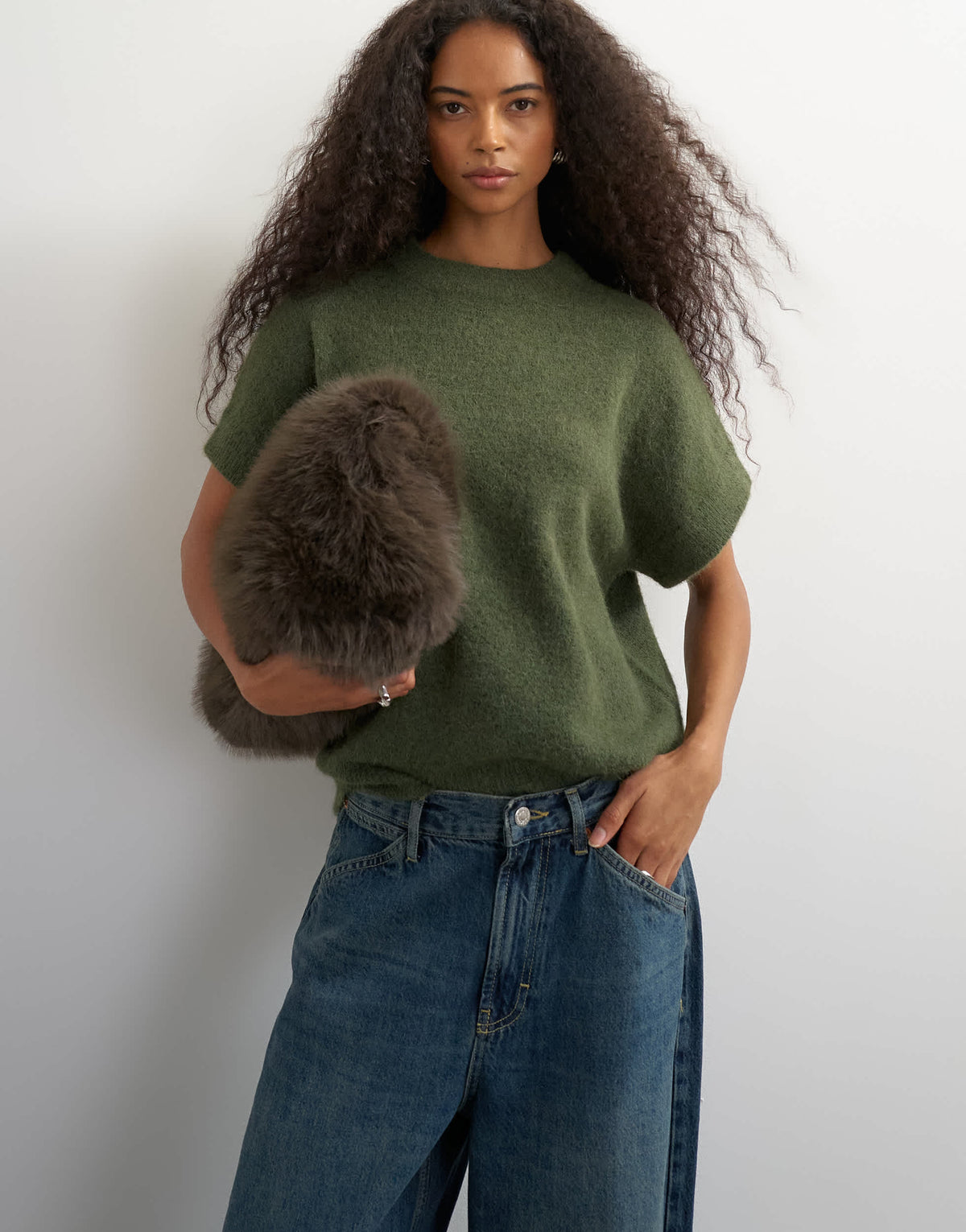 Topshop knitted fluffy short sleeve top with wool in khaki