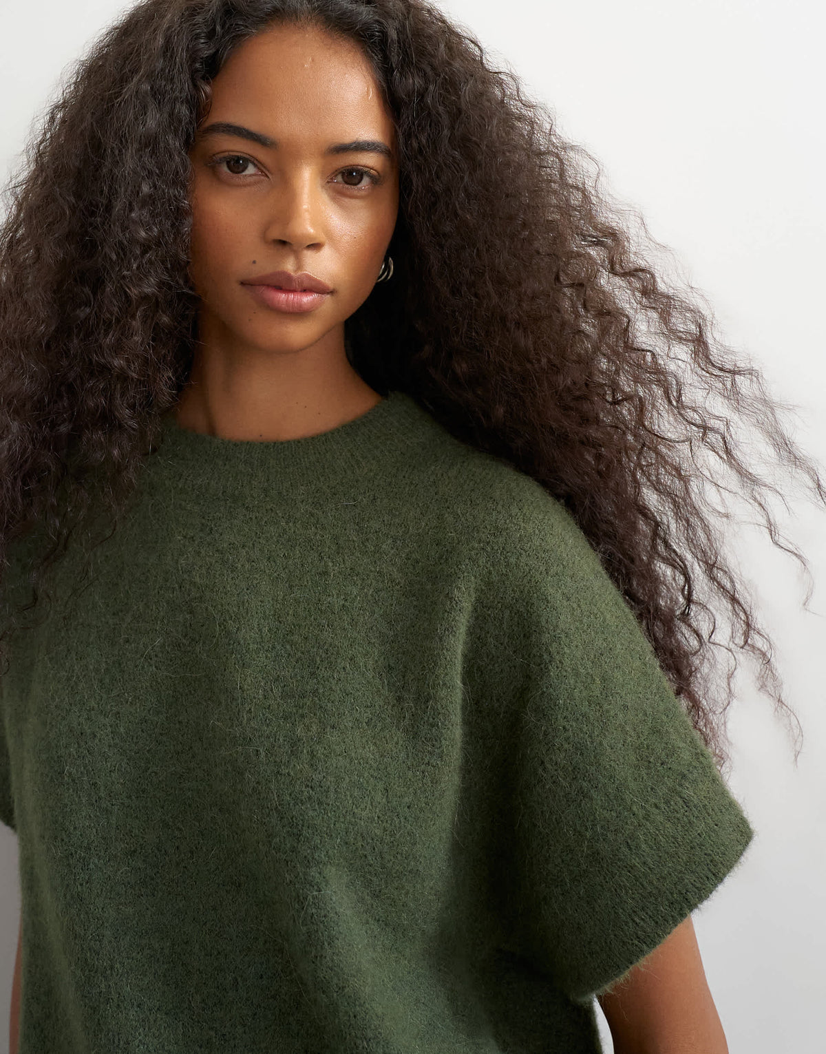 Topshop knitted fluffy short sleeve top with wool in khaki