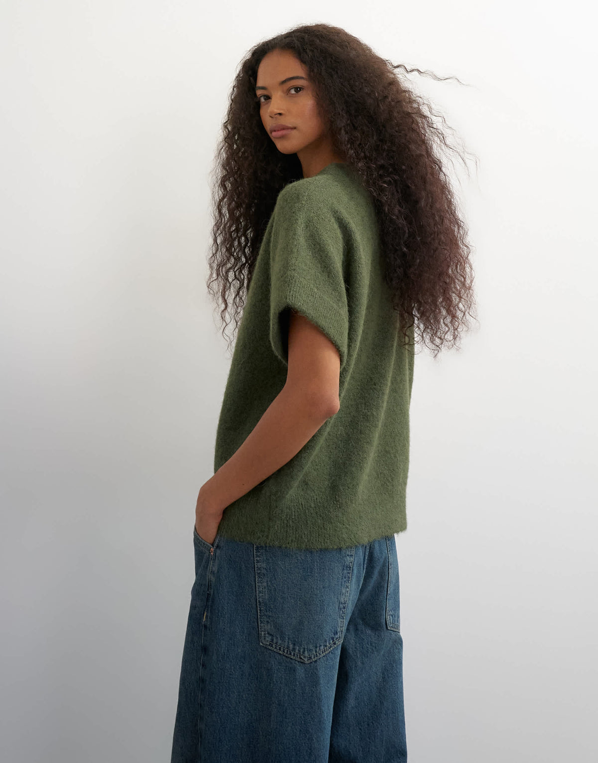 Topshop knitted fluffy short sleeve top with wool in khaki