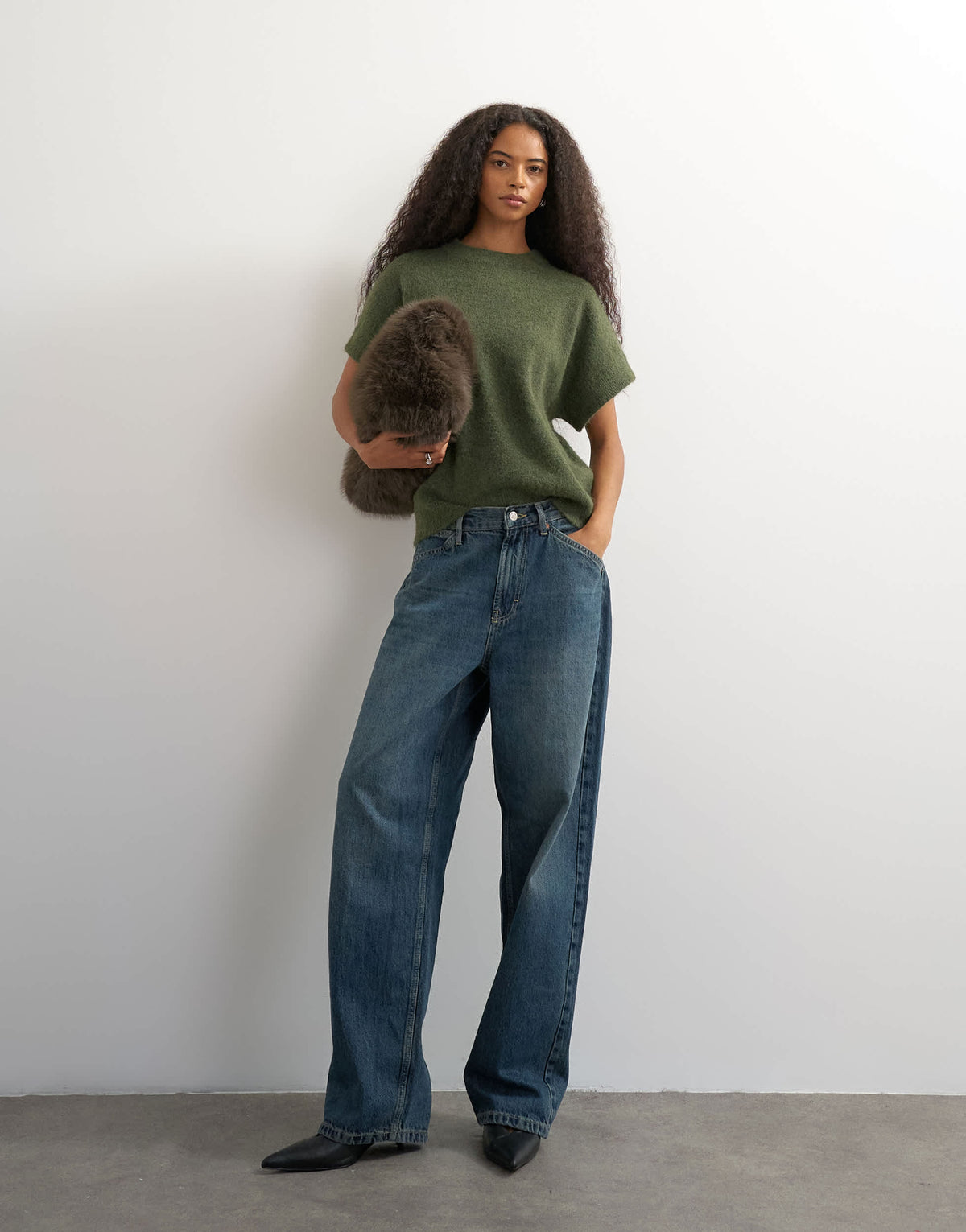 Topshop knitted fluffy short sleeve top with wool in khaki