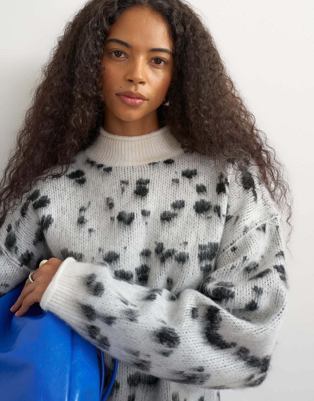 Topshop knitted wool blend roll edge chunky jumper in dalmatian