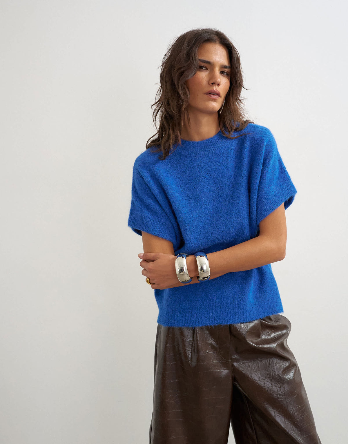 Topshop knitted fluffy short sleeve top with wool in cobalt blue