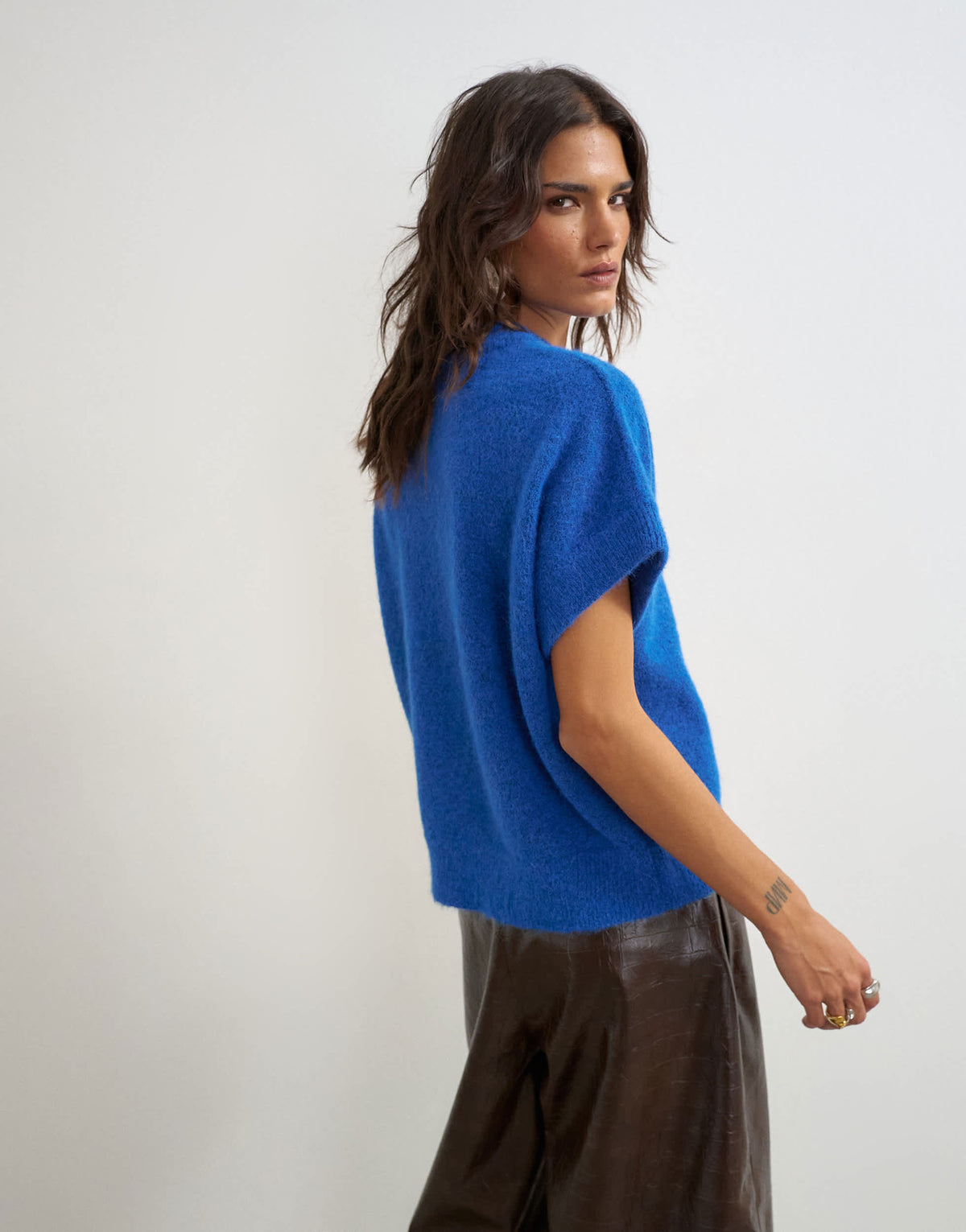 Topshop knitted fluffy short sleeve top with wool in cobalt blue