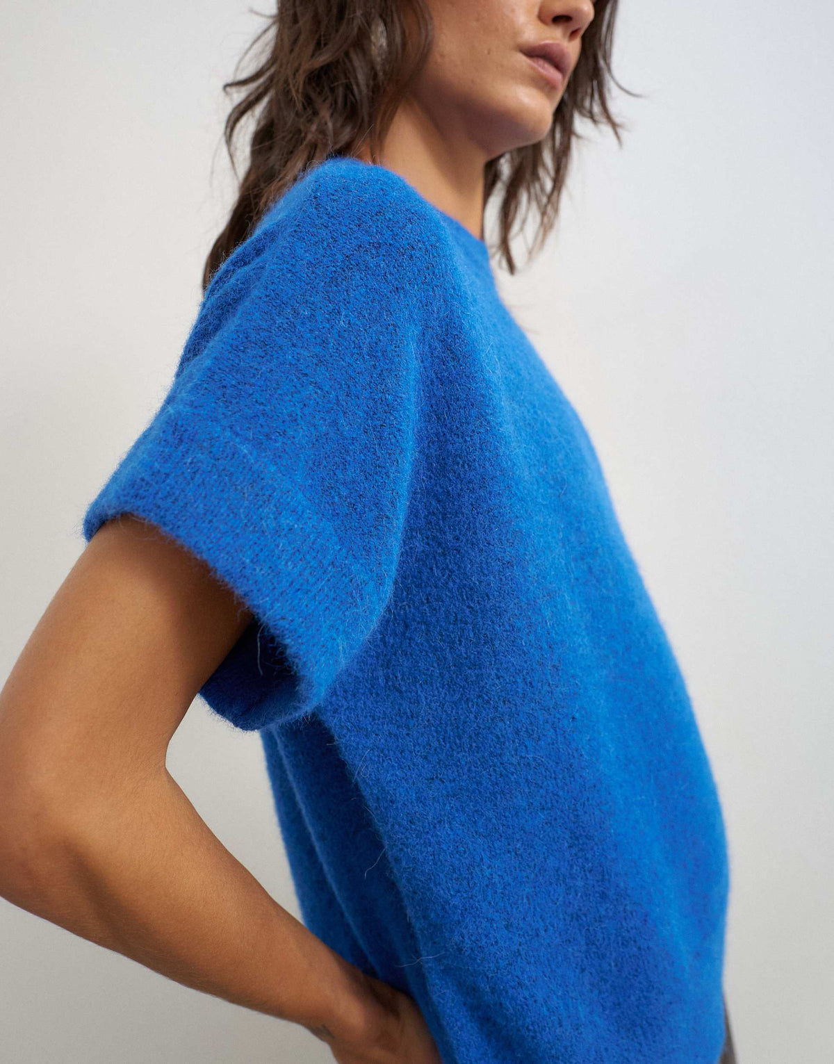 Topshop knitted fluffy short sleeve top with wool in cobalt blue