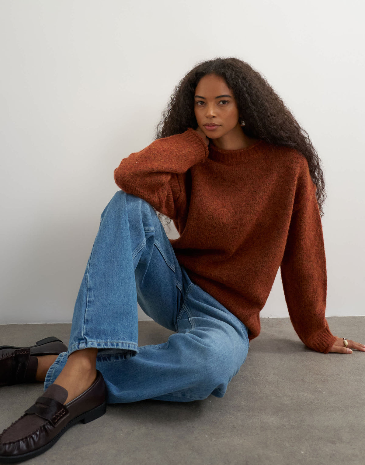 Topshop knitted wool blend roll edge chunky jumper in cinnamon