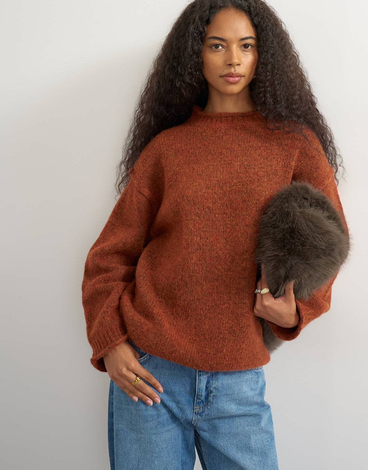 Topshop knitted wool blend roll edge chunky jumper in cinnamon