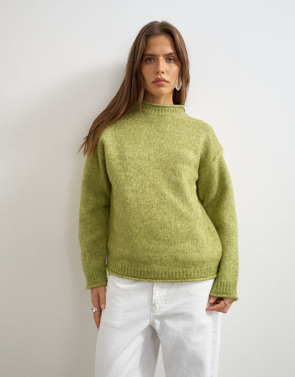 Topshop knitted wool blend roll edge chunky jumper in green