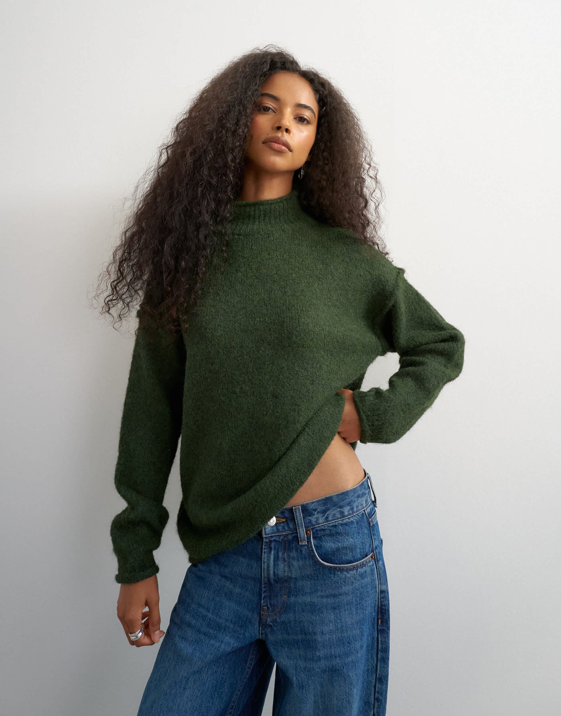 Topshop knitted roll edge longline chunky jumper with wool in olive