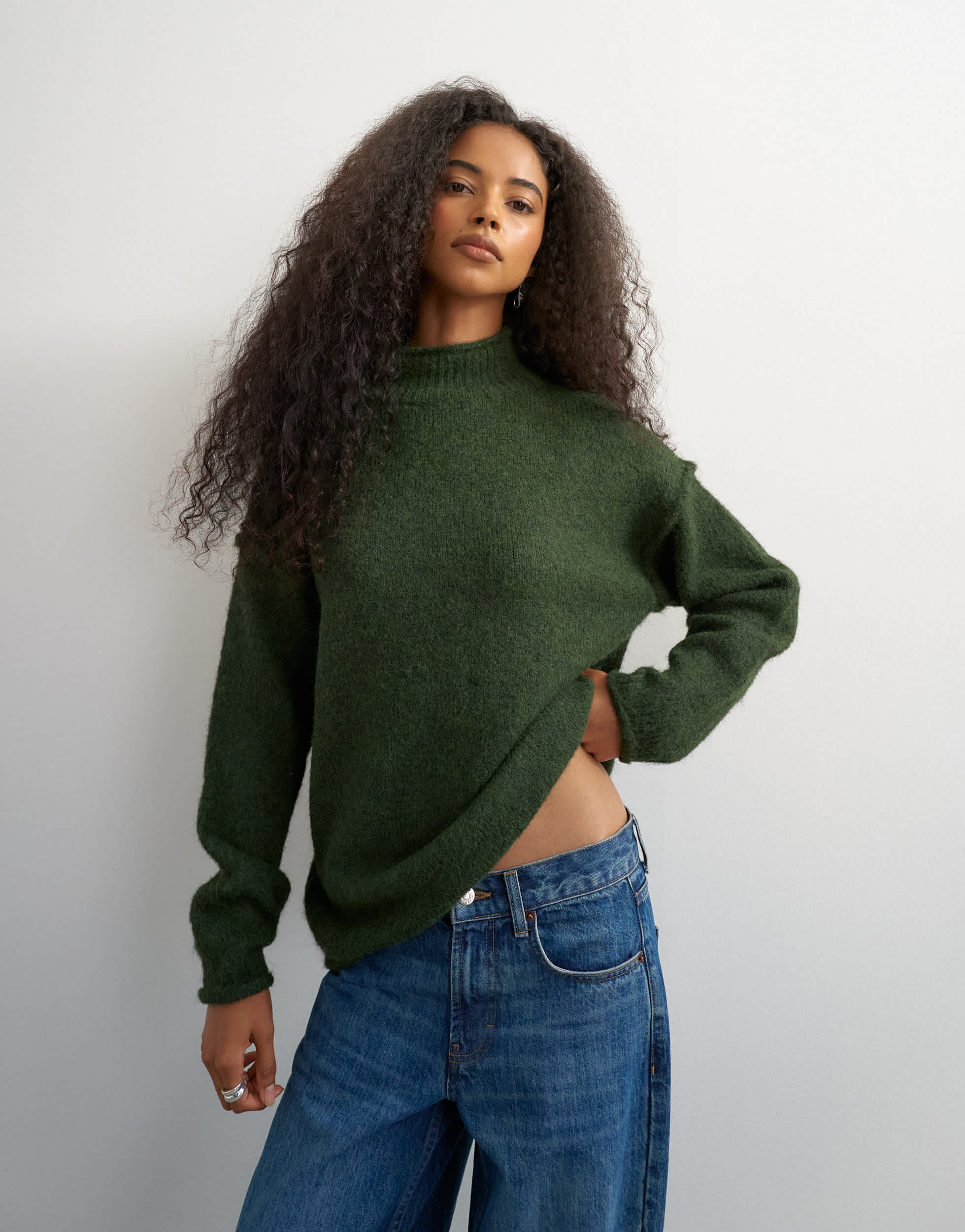 Topshop knitted roll edge relaxed fit jumper with wool in olive