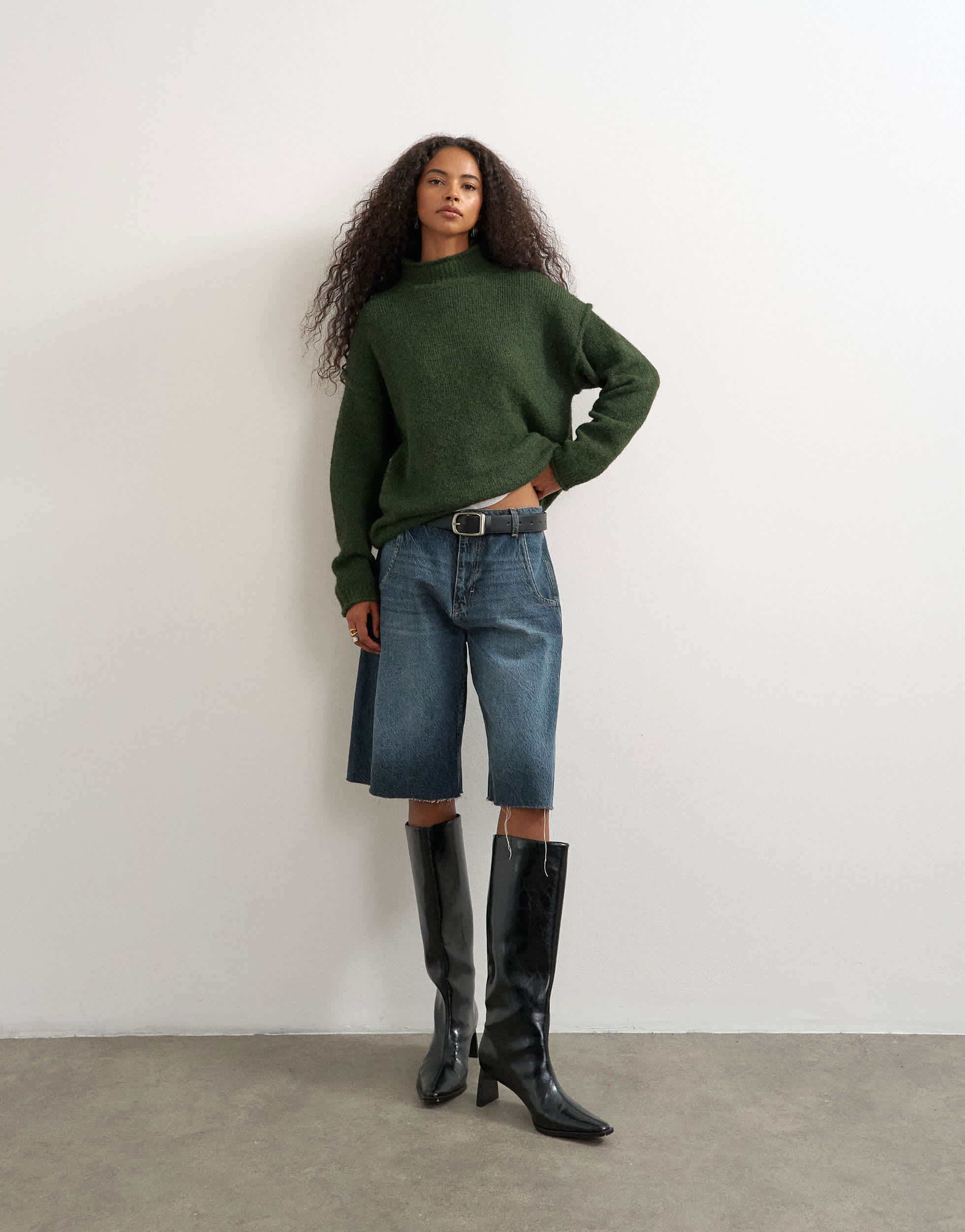 Topshop knitted wool blend roll edge chunky jumper in olive