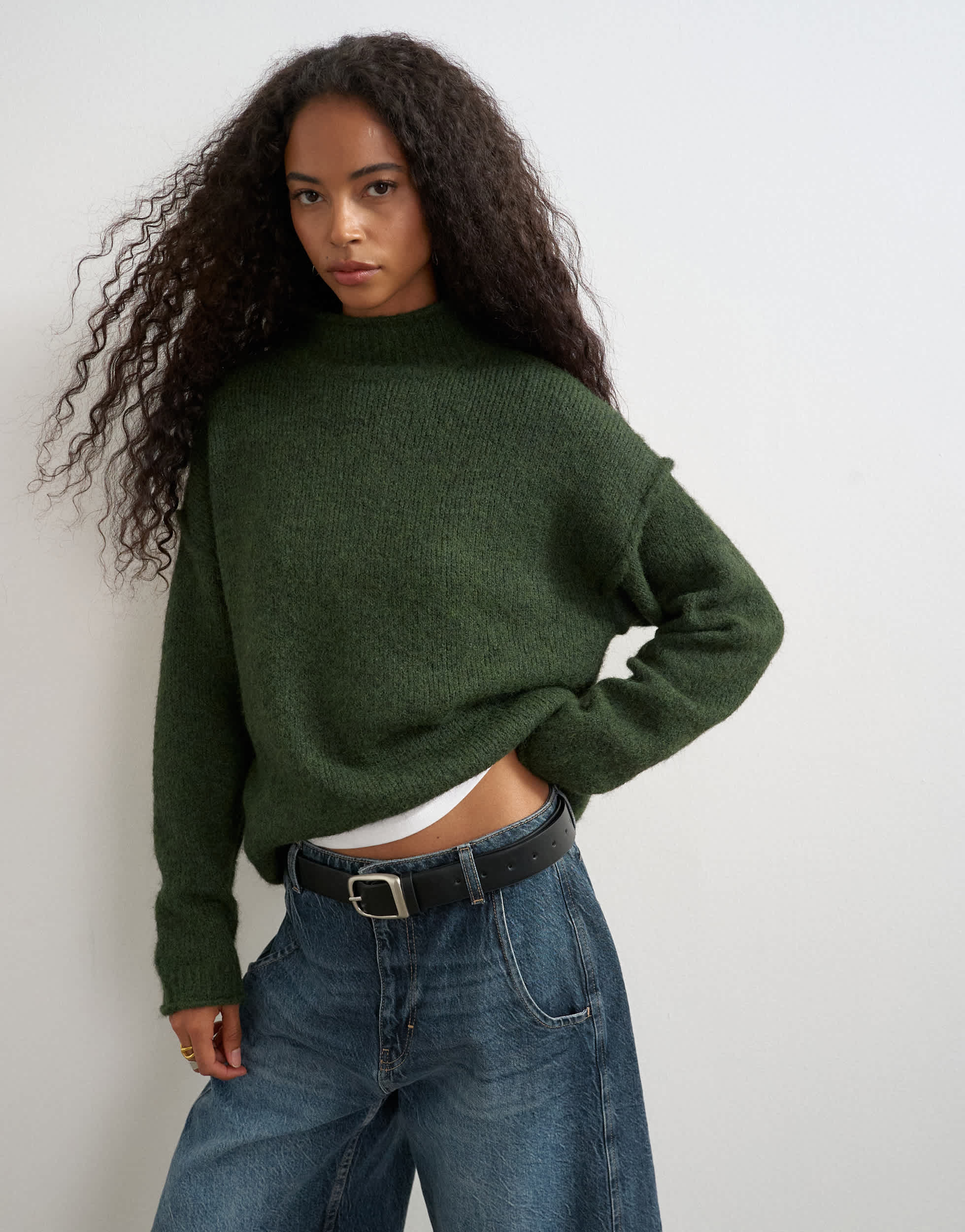 Topshop knitted wool blend roll edge chunky jumper in olive
