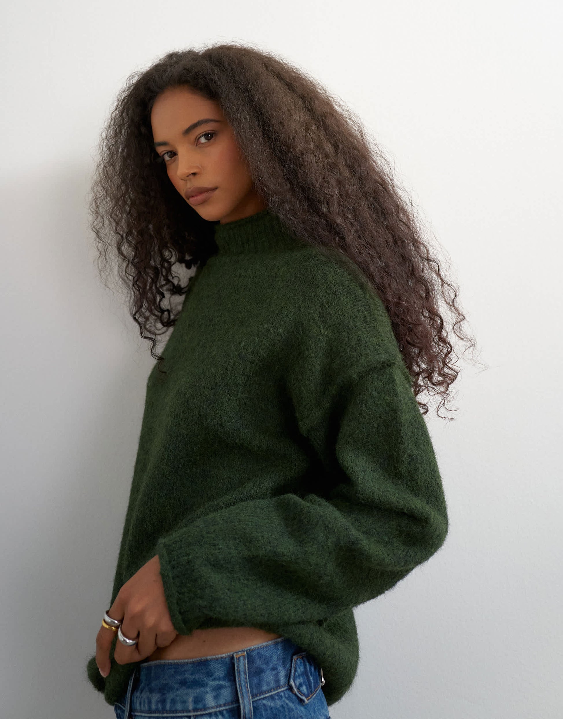 Topshop knitted roll edge longline chunky jumper with wool in olive
