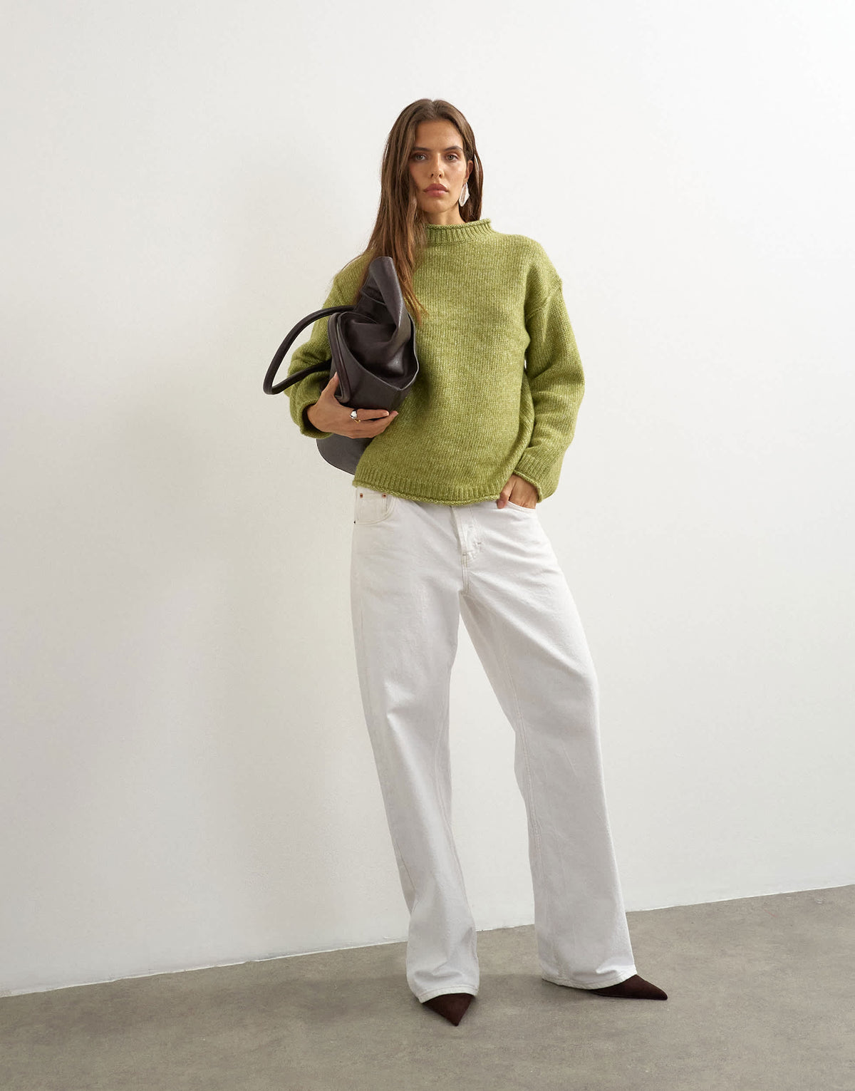 Topshop knitted wool blend roll edge chunky jumper in green