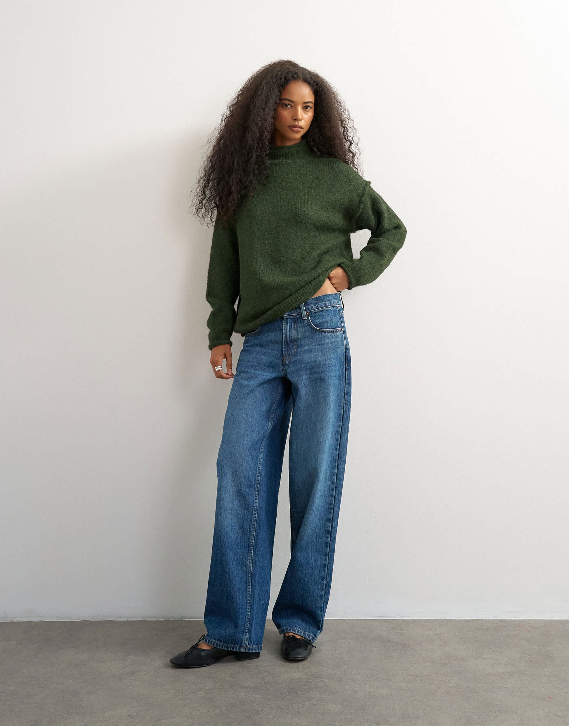 Topshop knitted roll edge longline chunky jumper with wool in olive