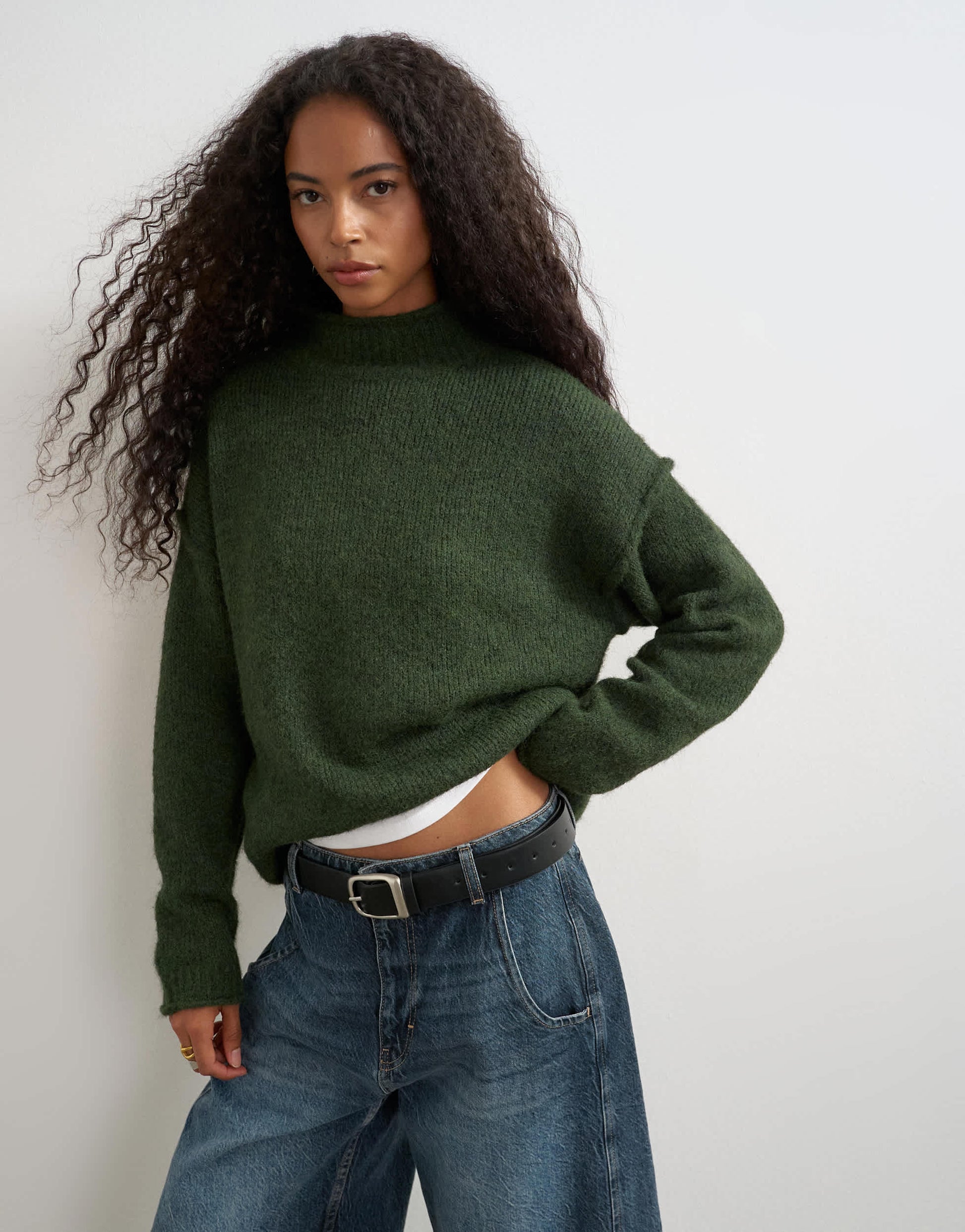 Topshop knitted wool blend roll edge chunky jumper in olive