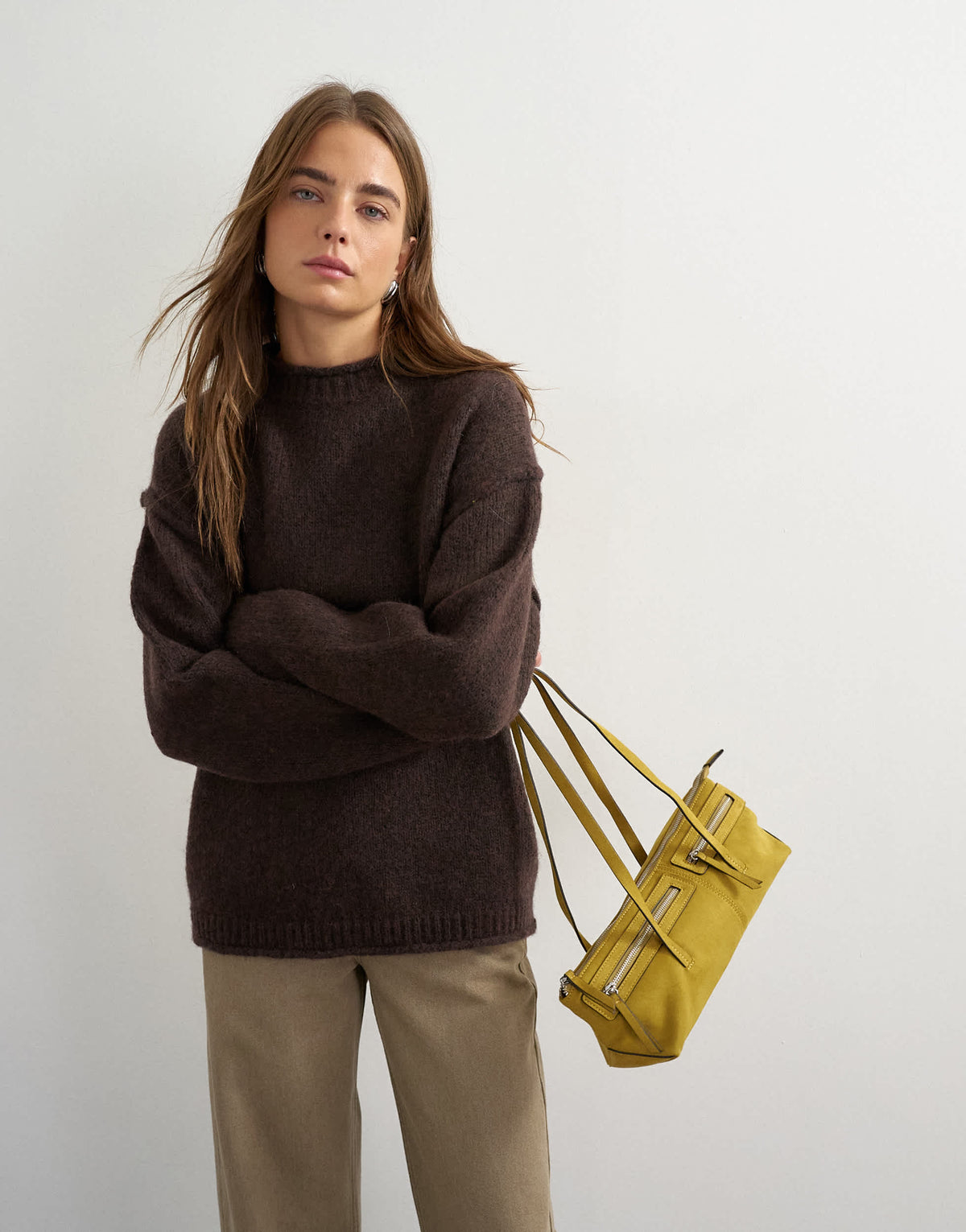 Topshop knitted wool blend roll edge chunky jumper in chocolate
