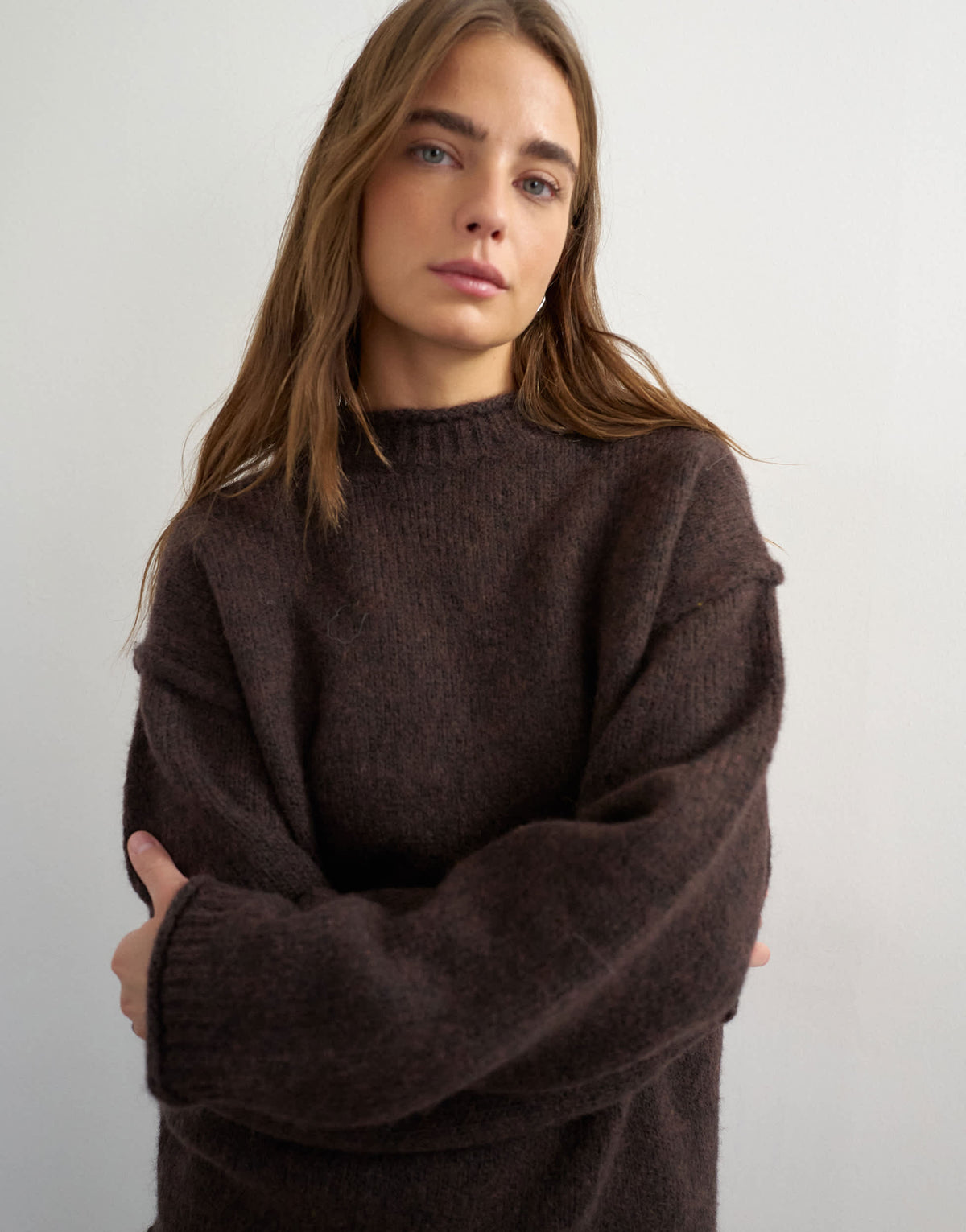 Topshop knitted wool blend roll edge chunky jumper in chocolate