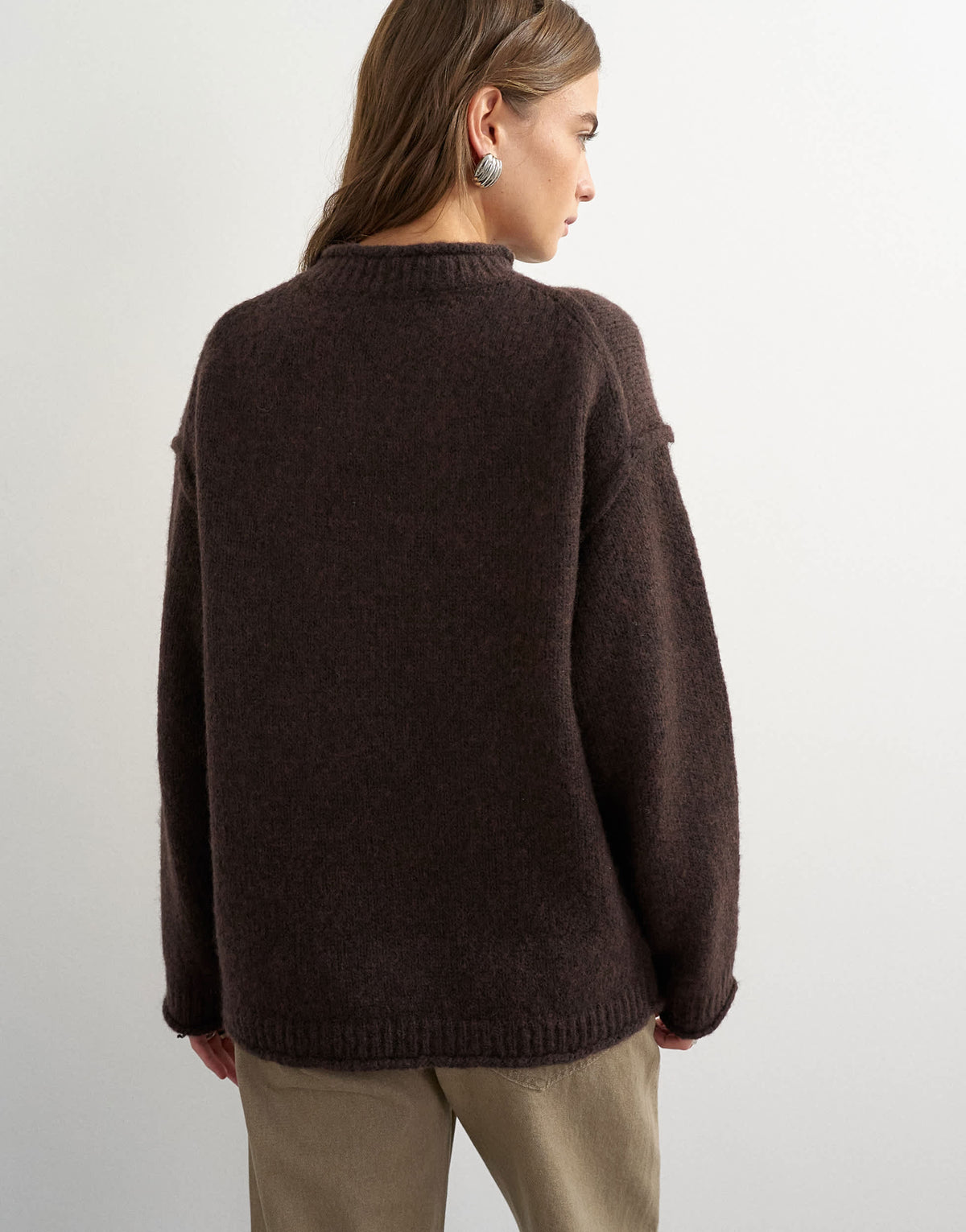 Topshop knitted wool blend roll edge chunky jumper in chocolate
