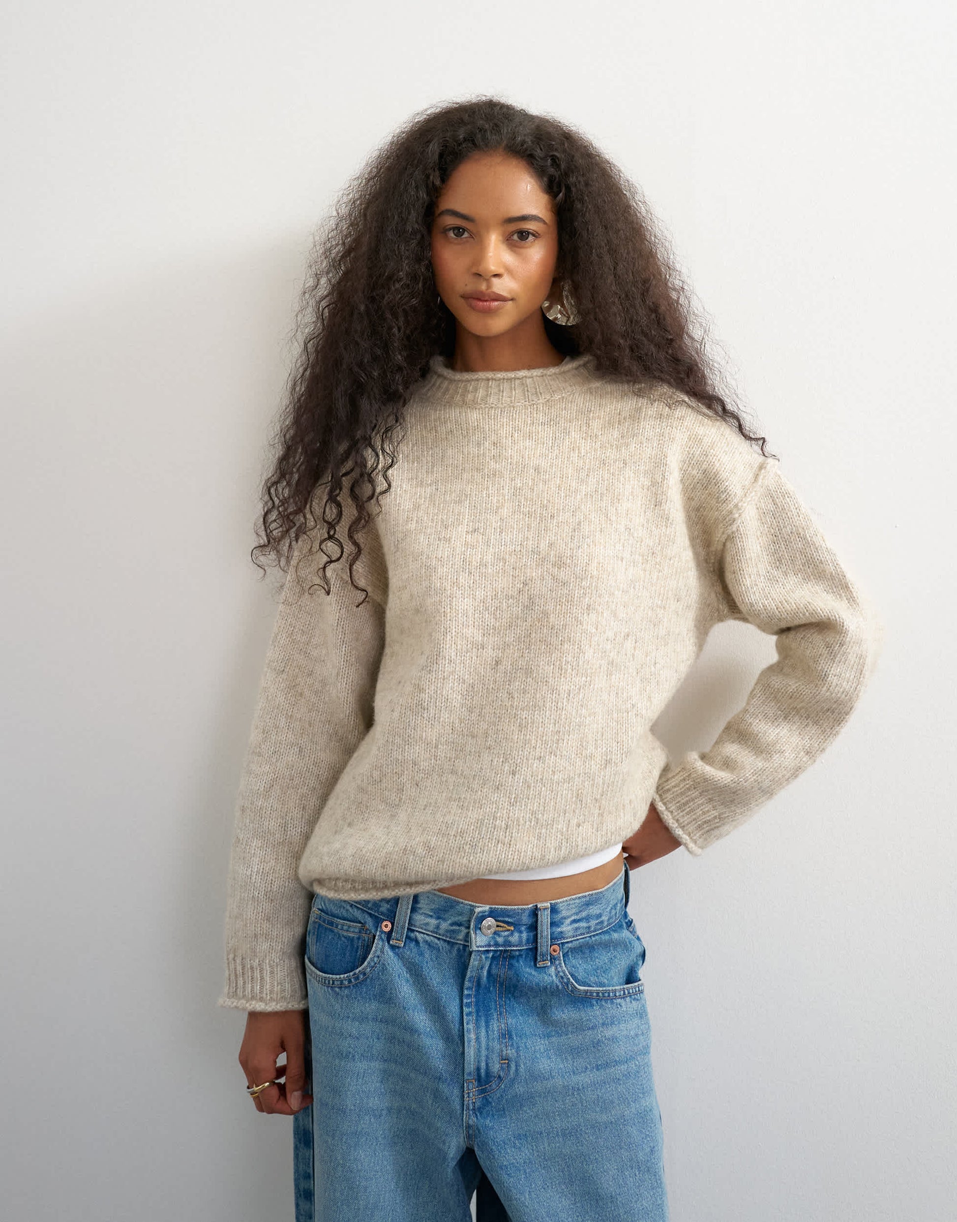 Topshop knitted wool blend roll edge longline chunky jumper in oat