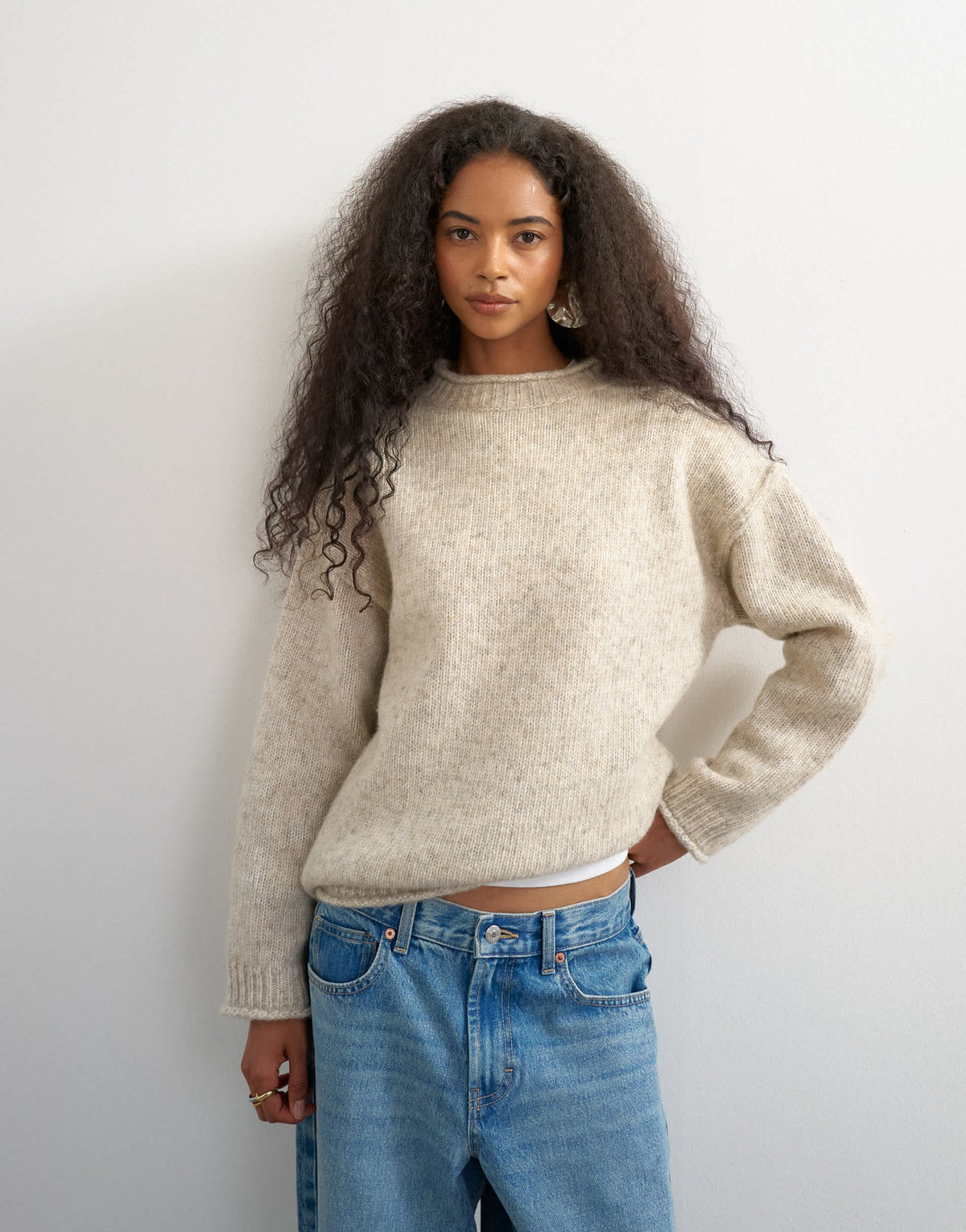 Topshop knitted wool blend roll edge chunky jumper in oat