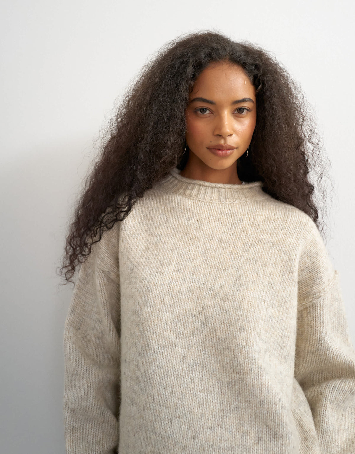 Topshop knitted wool blend roll edge chunky jumper in oat