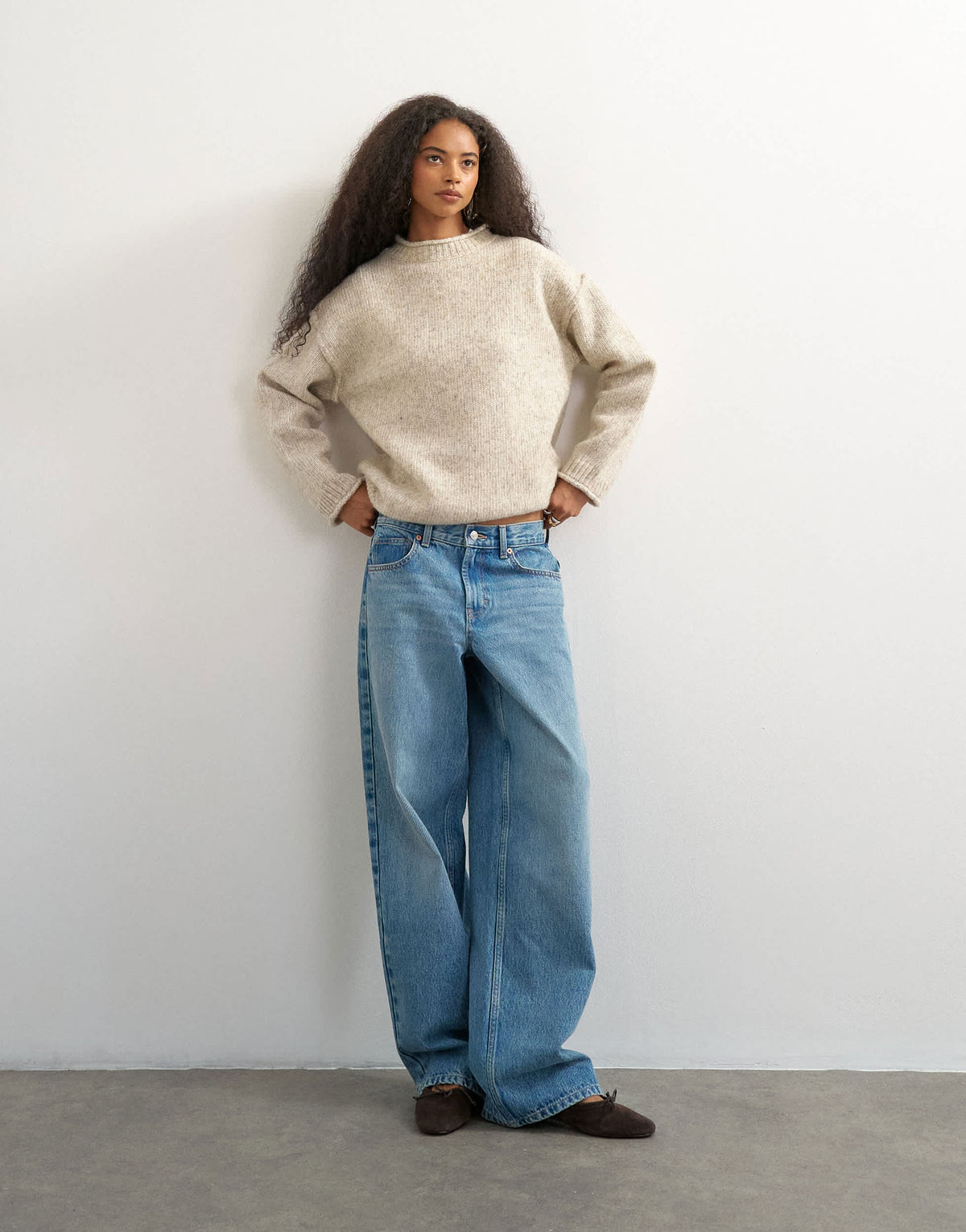 Topshop knitted wool blend roll edge chunky jumper in oat