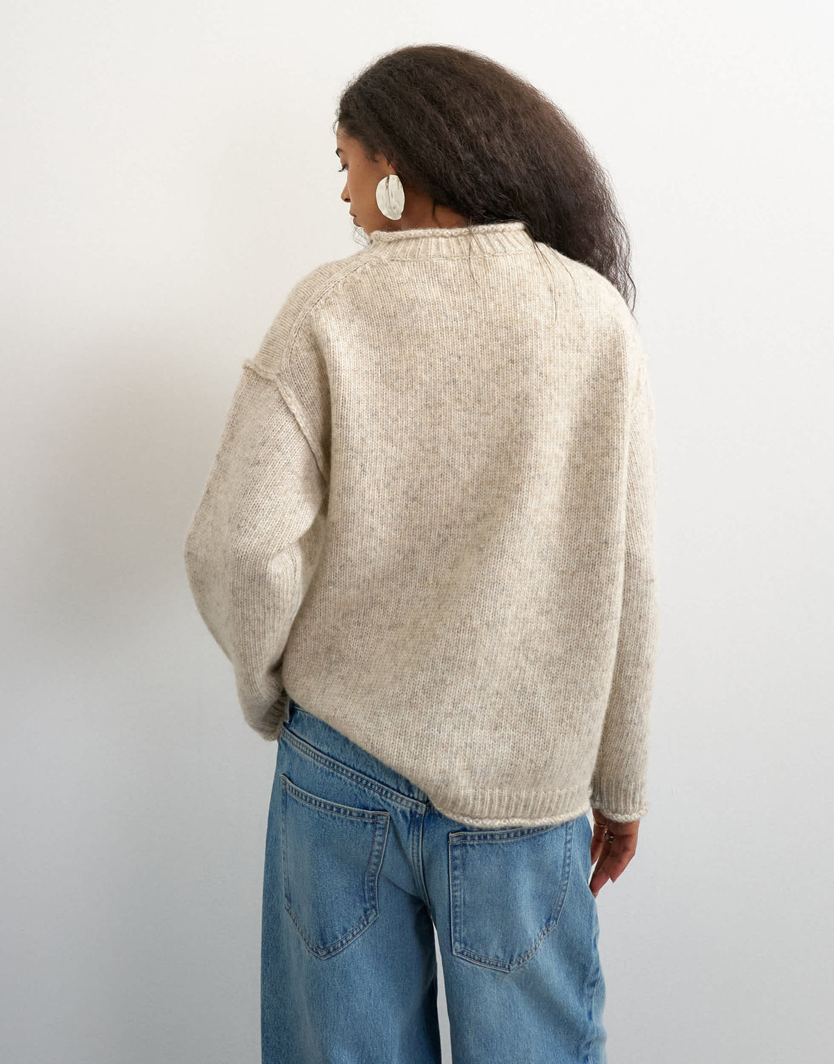 Topshop knitted wool blend roll edge chunky jumper in oat