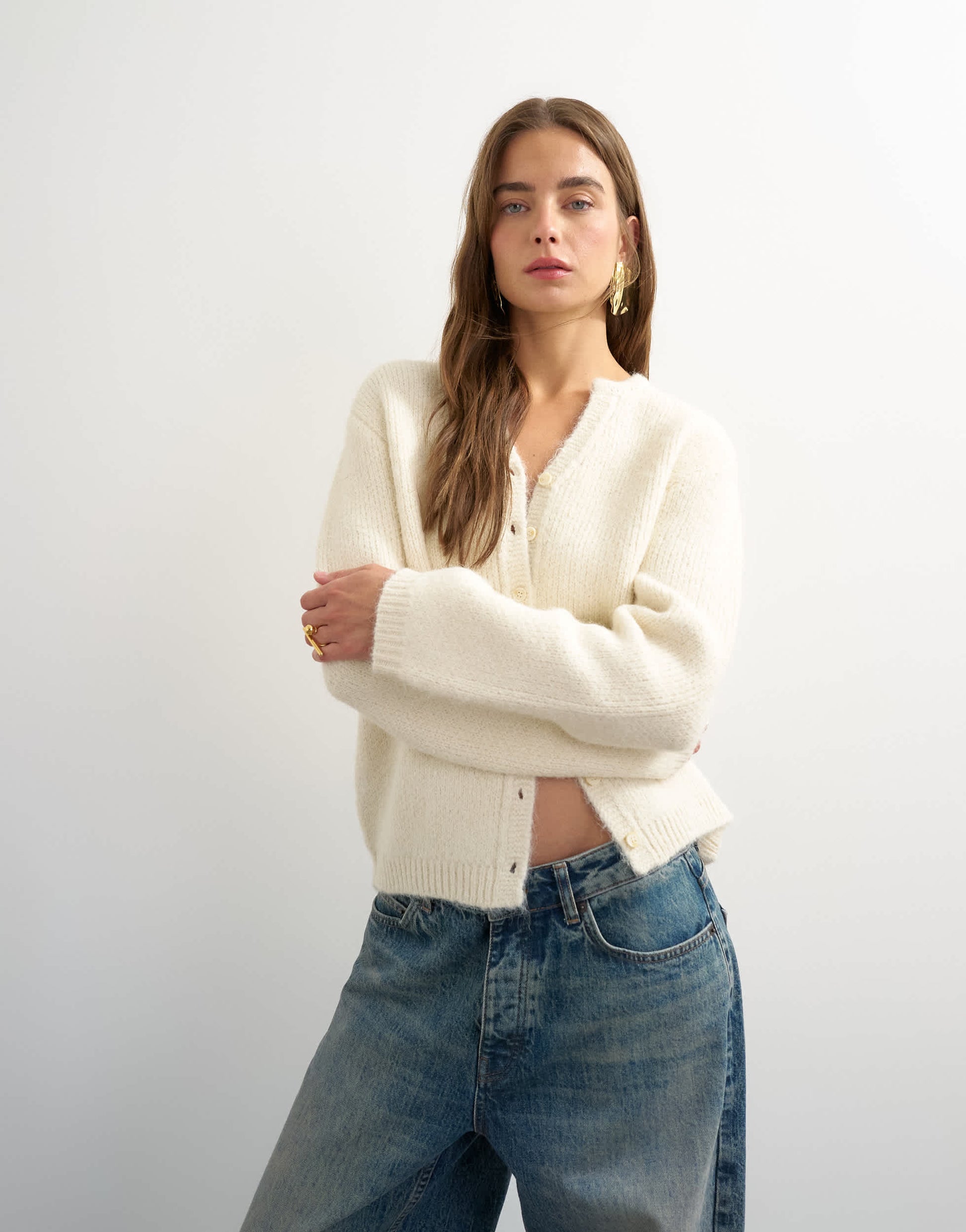 Topshop knitted fluffy eyelash cardigan in ivory
