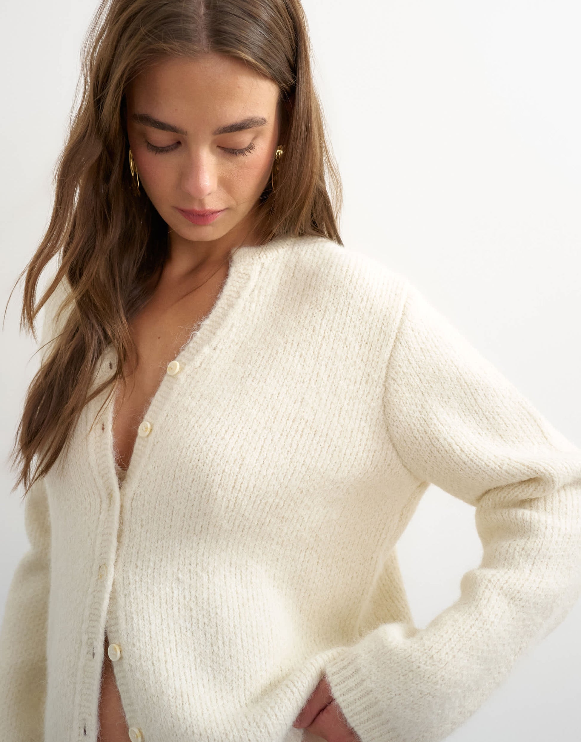 Topshop knitted fluffy eyelash cardigan in ivory