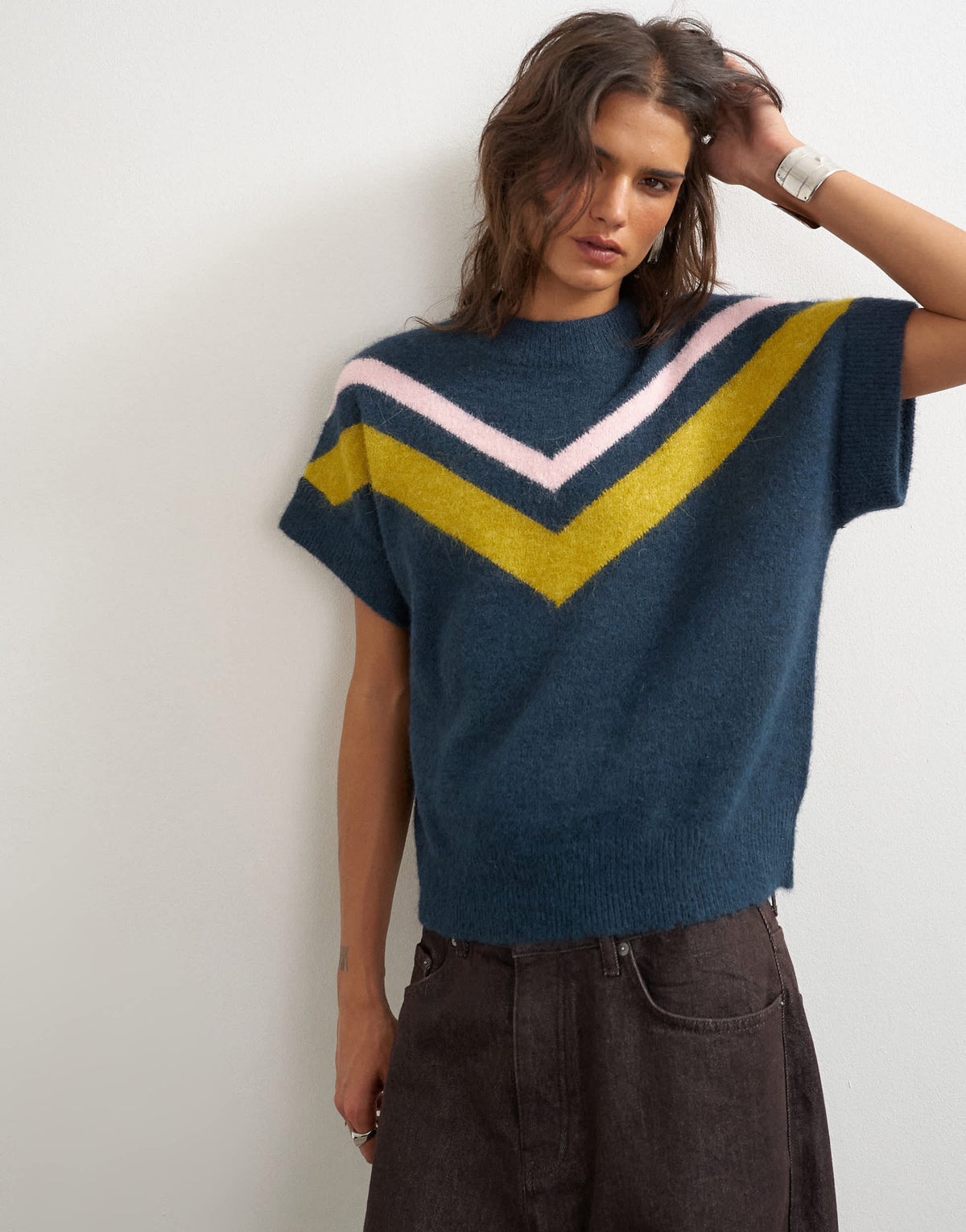 Topshop knitted fluffy short sleeve top with wool in multi stripe