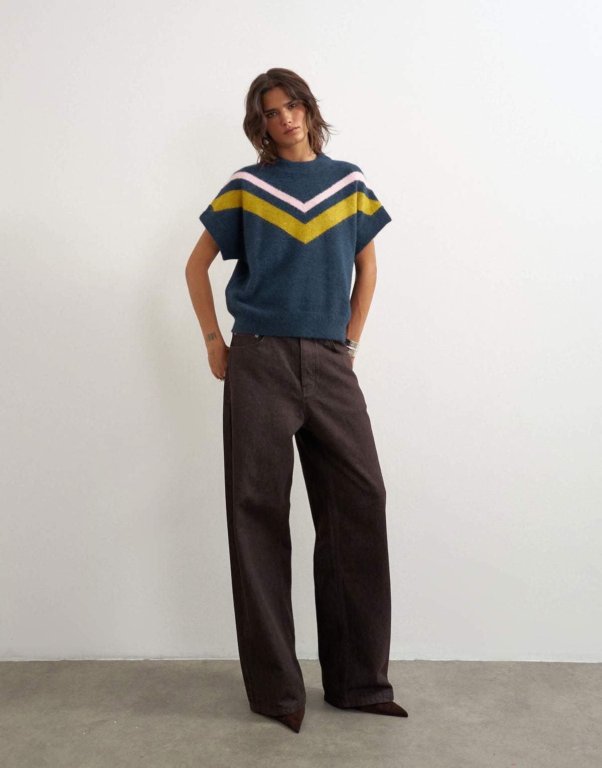Topshop knitted fluffy short sleeve top with wool in multi stripe