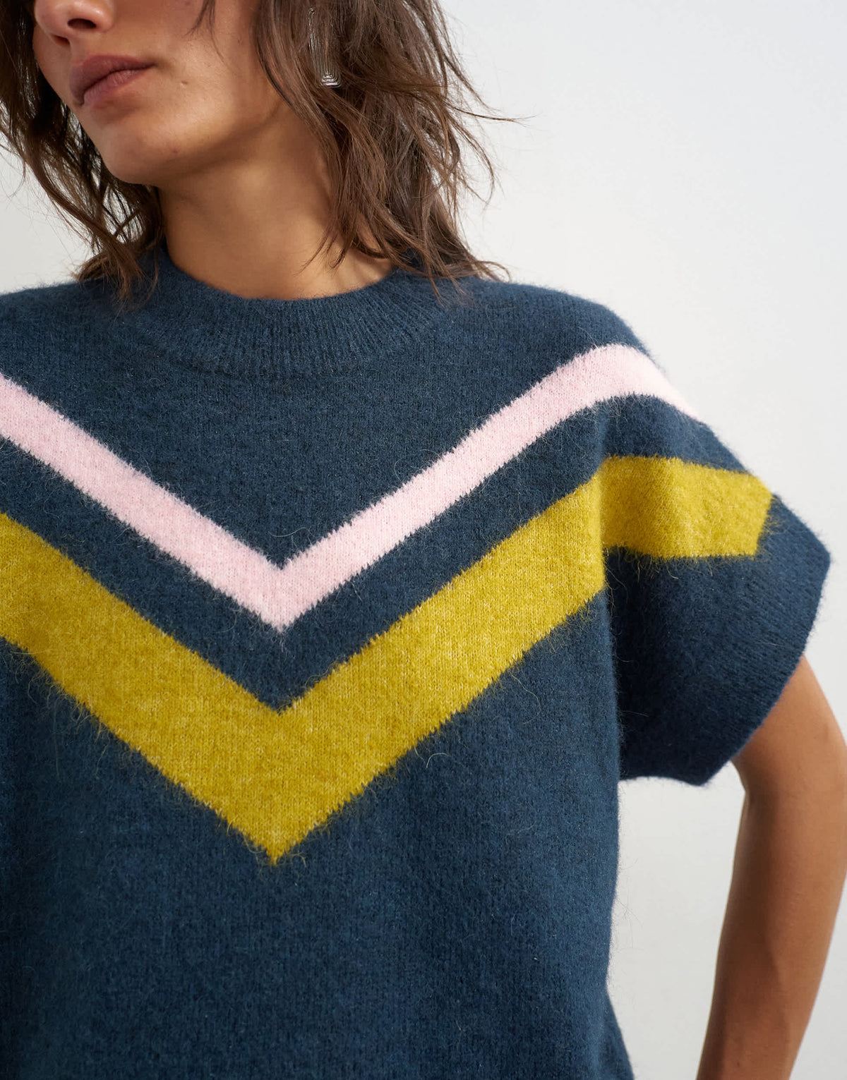 Topshop knitted fluffy short sleeve top with wool in multi stripe
