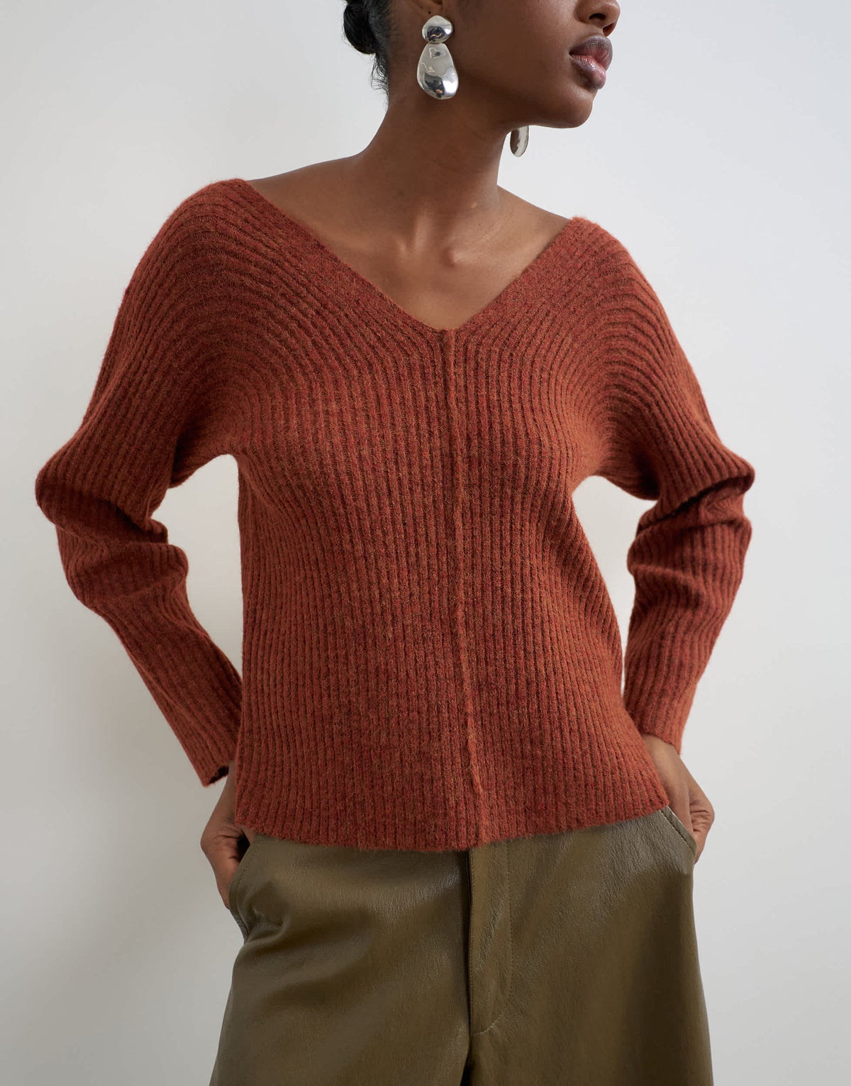 Topshop knitted slouchy rib jumper in cinnamon