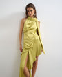 Topshop premium satin halter asymmetric mini dress with scarf detail in golden olive