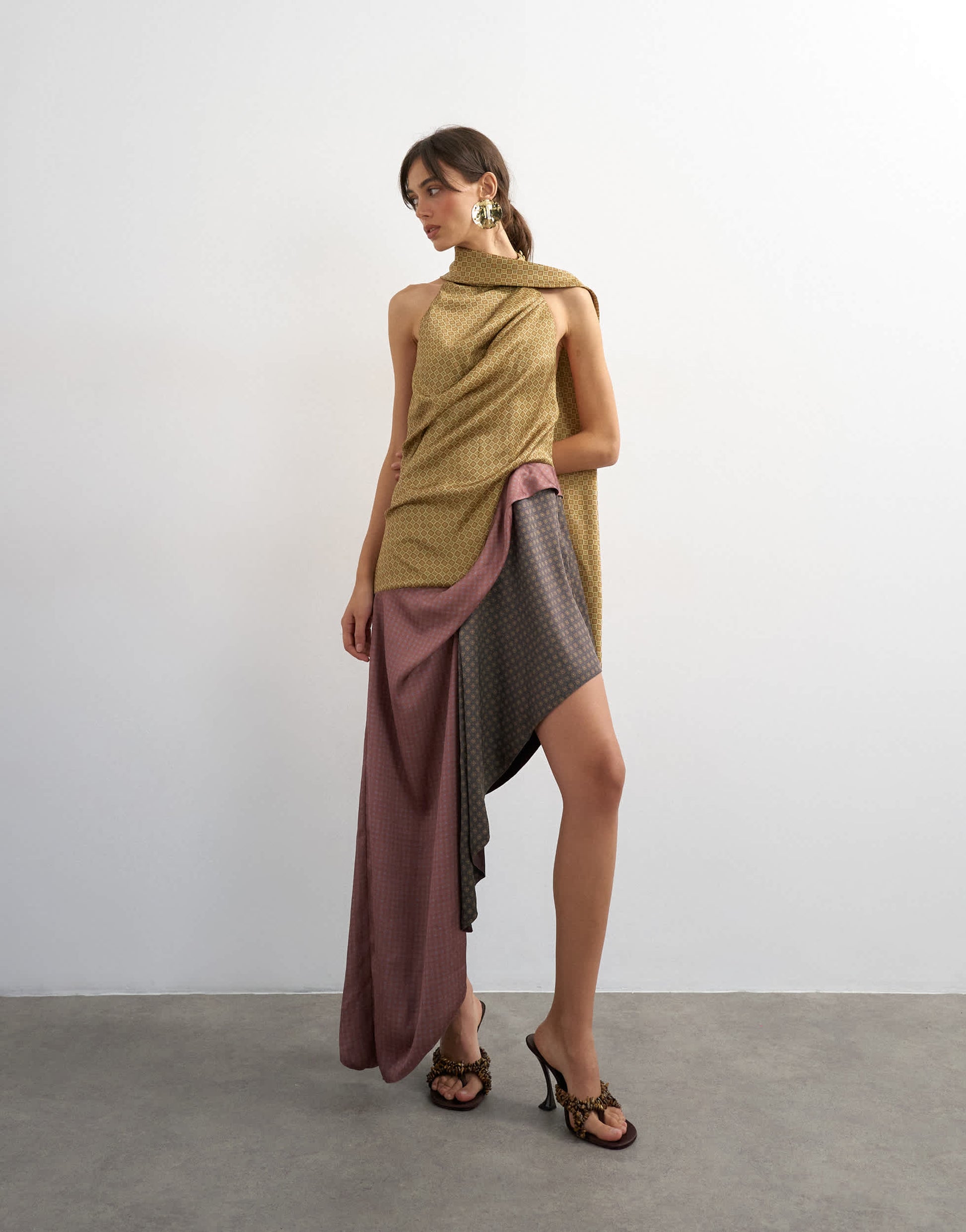 Topshop premium satin halter asymmetric mini dress with scarf detail in geo scarf print
