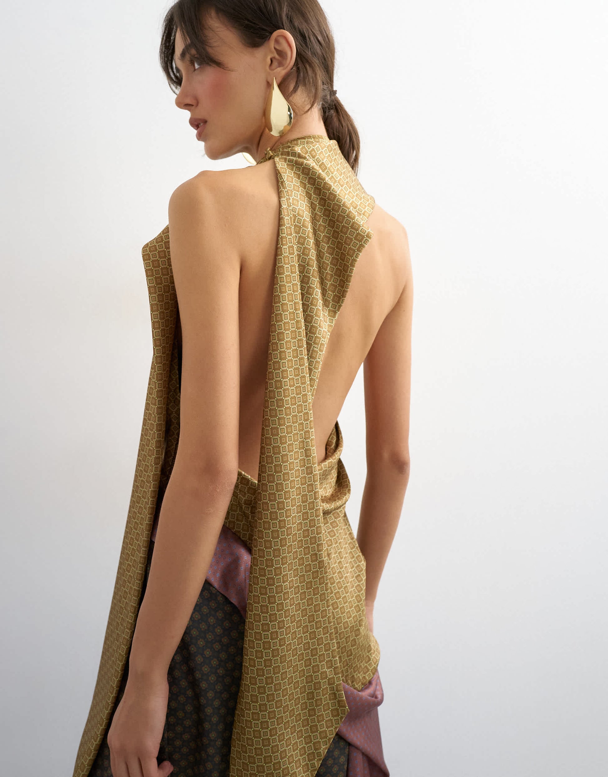 Topshop premium satin halter asymmetric mini dress with scarf detail in geo scarf print