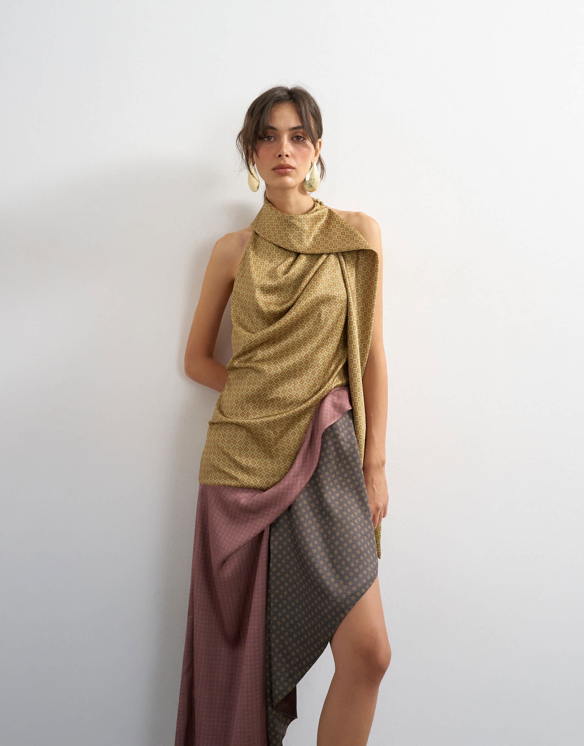Topshop premium satin halter asymmetric mini dress with scarf detail in geo scarf print